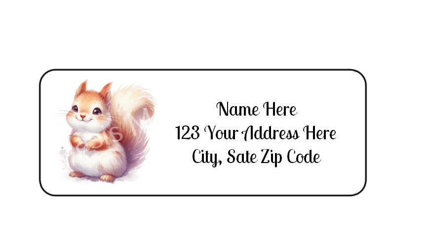 30 Happy Fluffy Squirrel PERSONALIZED RETURN ADDRESS LABELS 1 in X 2 5/8 GLOSSY