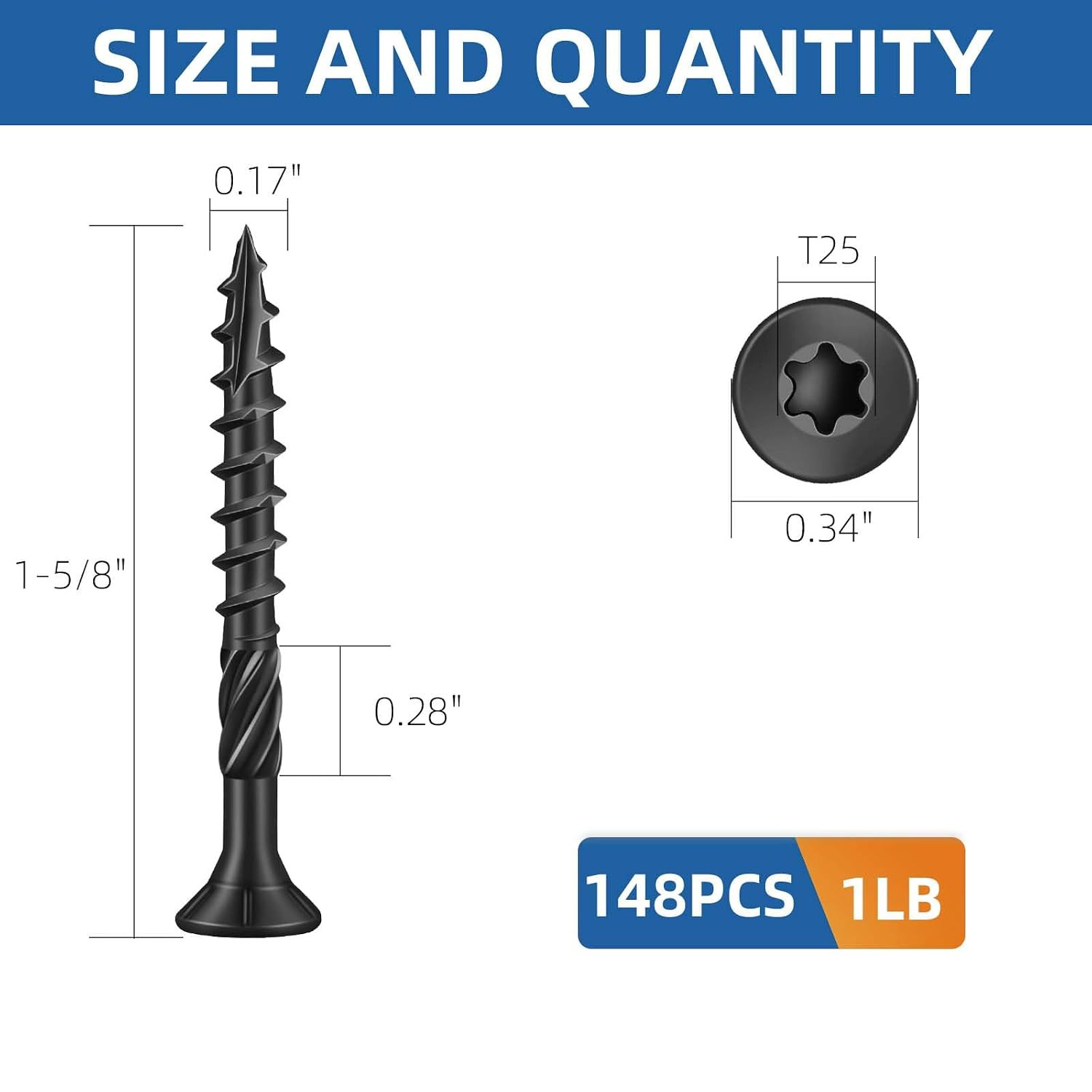 #8 X 1-5/8″ Heavy-Duty Deck Screws – Black Long Outdoor Wood Screws, Torx Drive