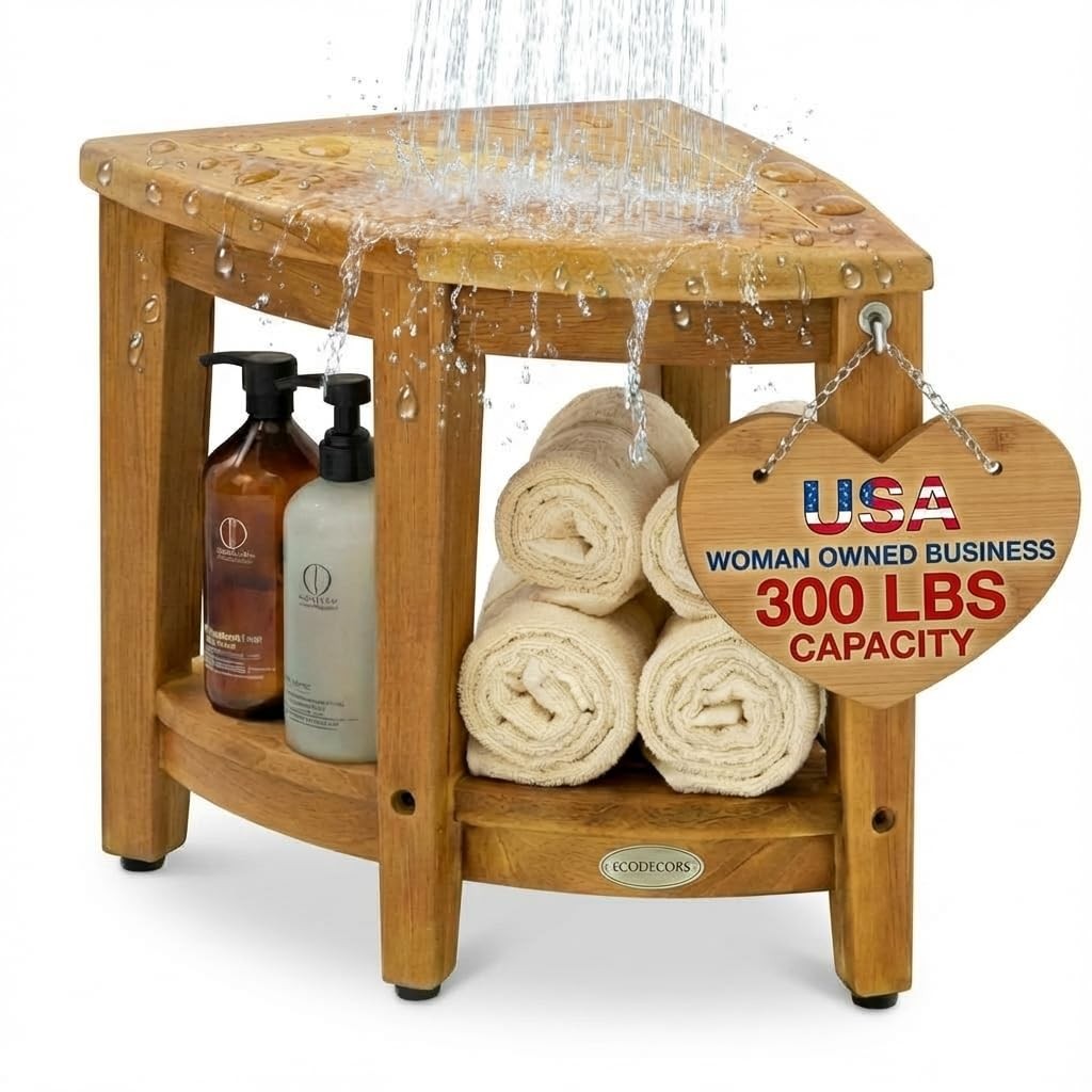 EcoDecors ED974 Corner Teak Shower Bench with Shelf 350 lb Capacity Tool-Free