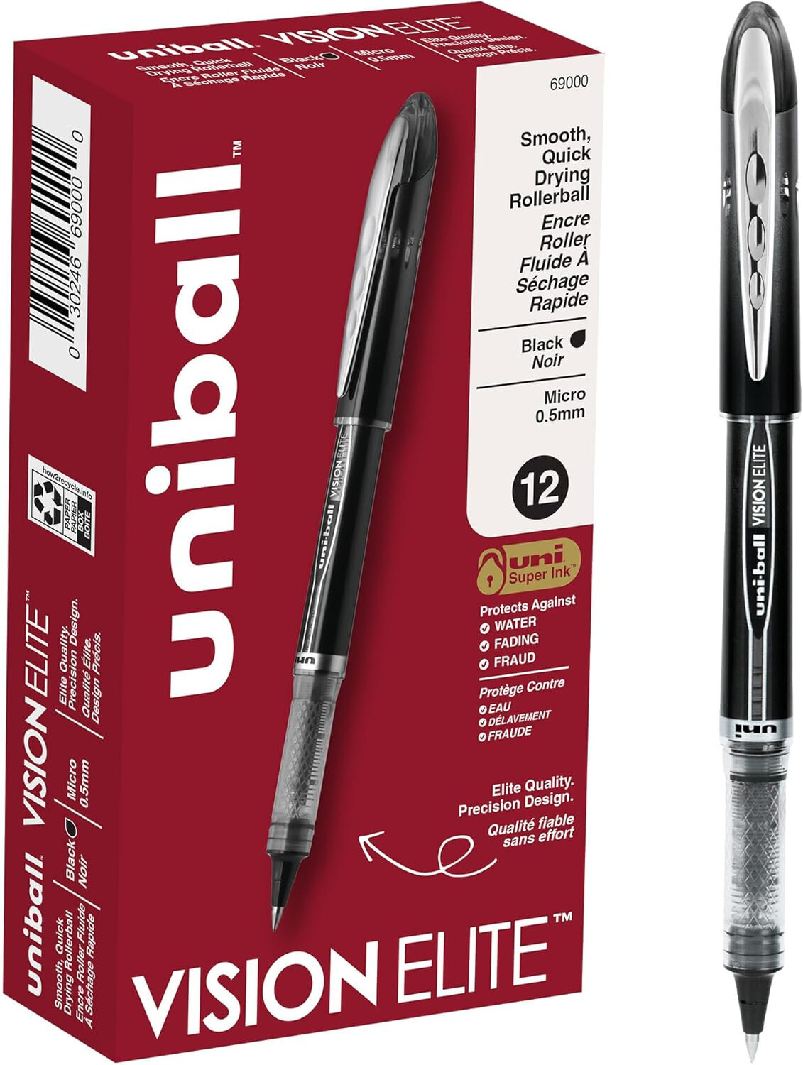 Uni-ball Vision Elite Rollerball Pens, Micro Point (0.5mm), Black, 12 Count