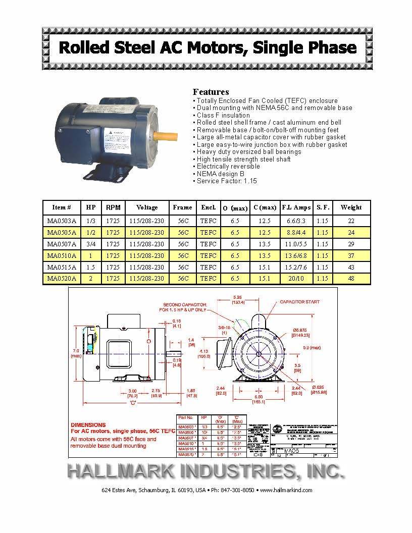 AC MOTOR, 1.5HP, 1725RPM, 1PH, 115V/208-230V, 56C/TEFC, With base
