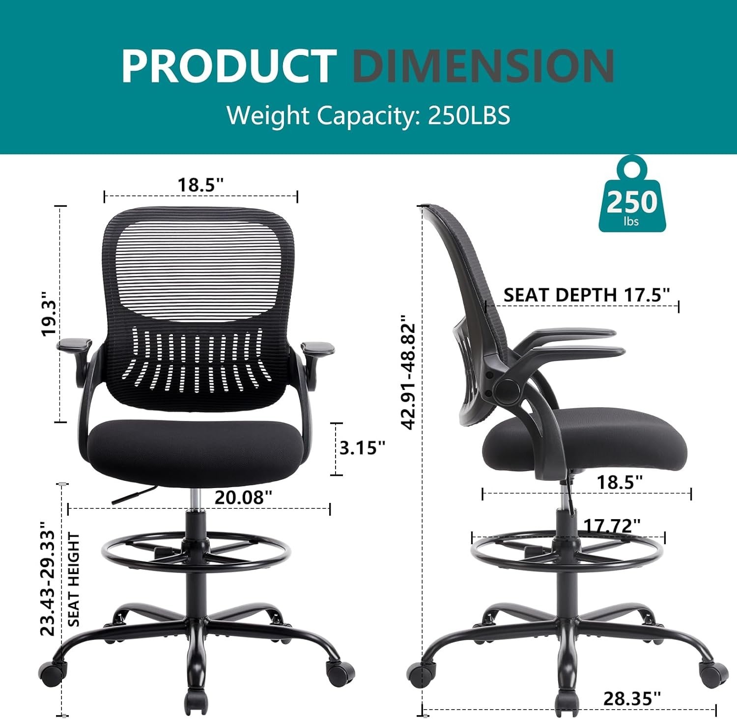 Drafting Chair for Standing Desk, , Flip-up Arms, Ergonomic Mid Back Mesh Rol…