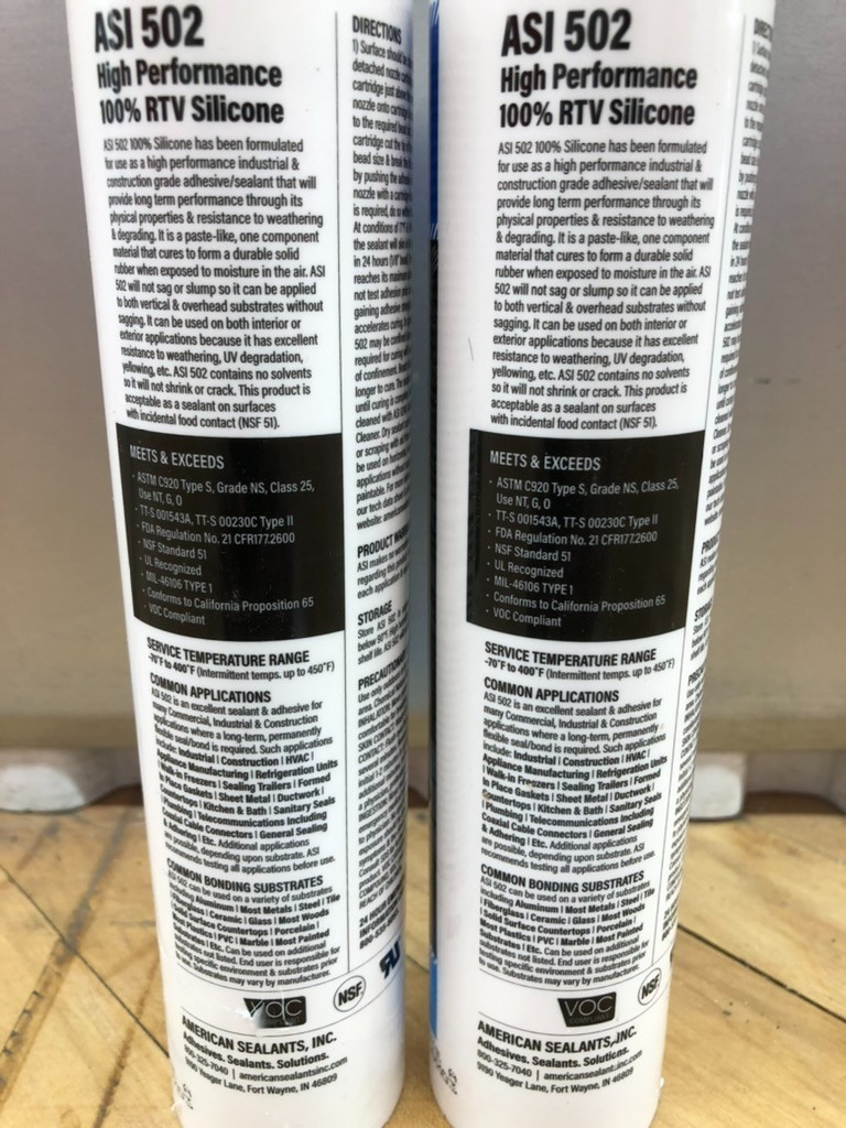 ASI 502 100% RTV Silicone Sealant White Food Grade 10.2 Oz Cartridge NEW