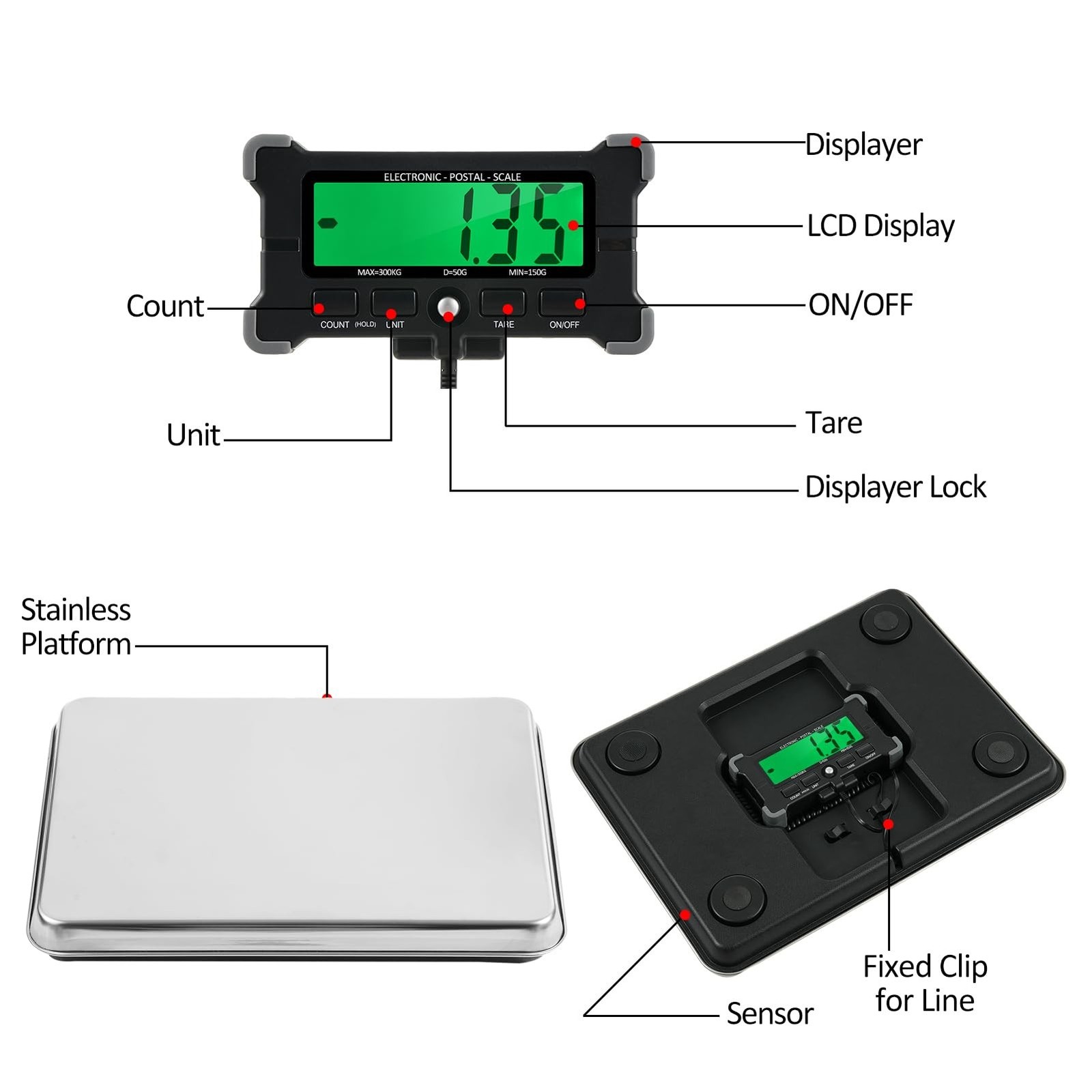 660lbs/300kg Electronic Postal Scale, 50g/0.1lb Precision, LCD Display, 16″X …