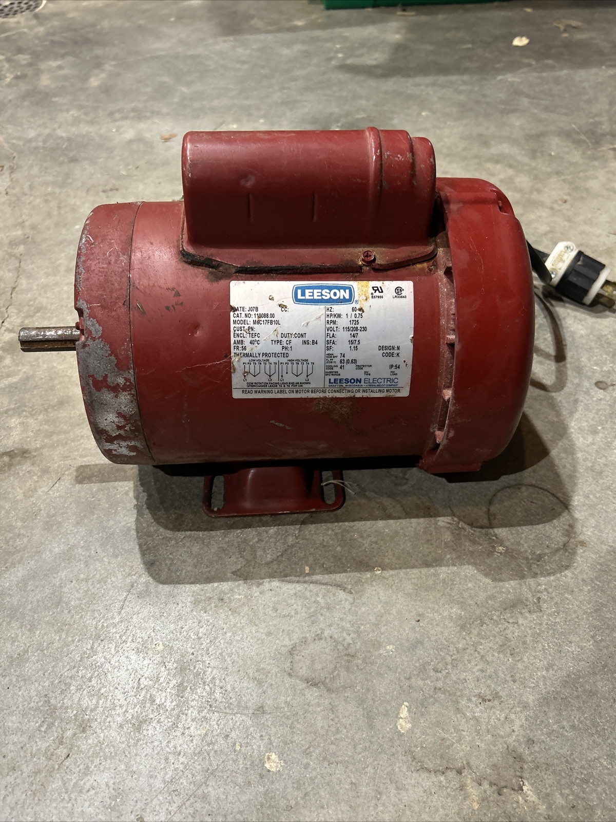 Leeson M6C17FB10L 1/0.75HP 115/208-230V 1725/800RPM 56FR 1PH 60HZ TEFC
