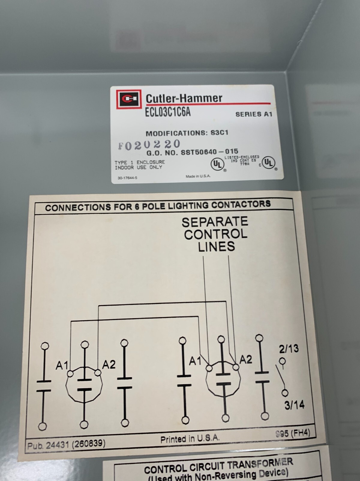 Eaton Cutler-Hammer ECL03C1C6A Electrically Held Lighting Contactor 30A 6P 480V