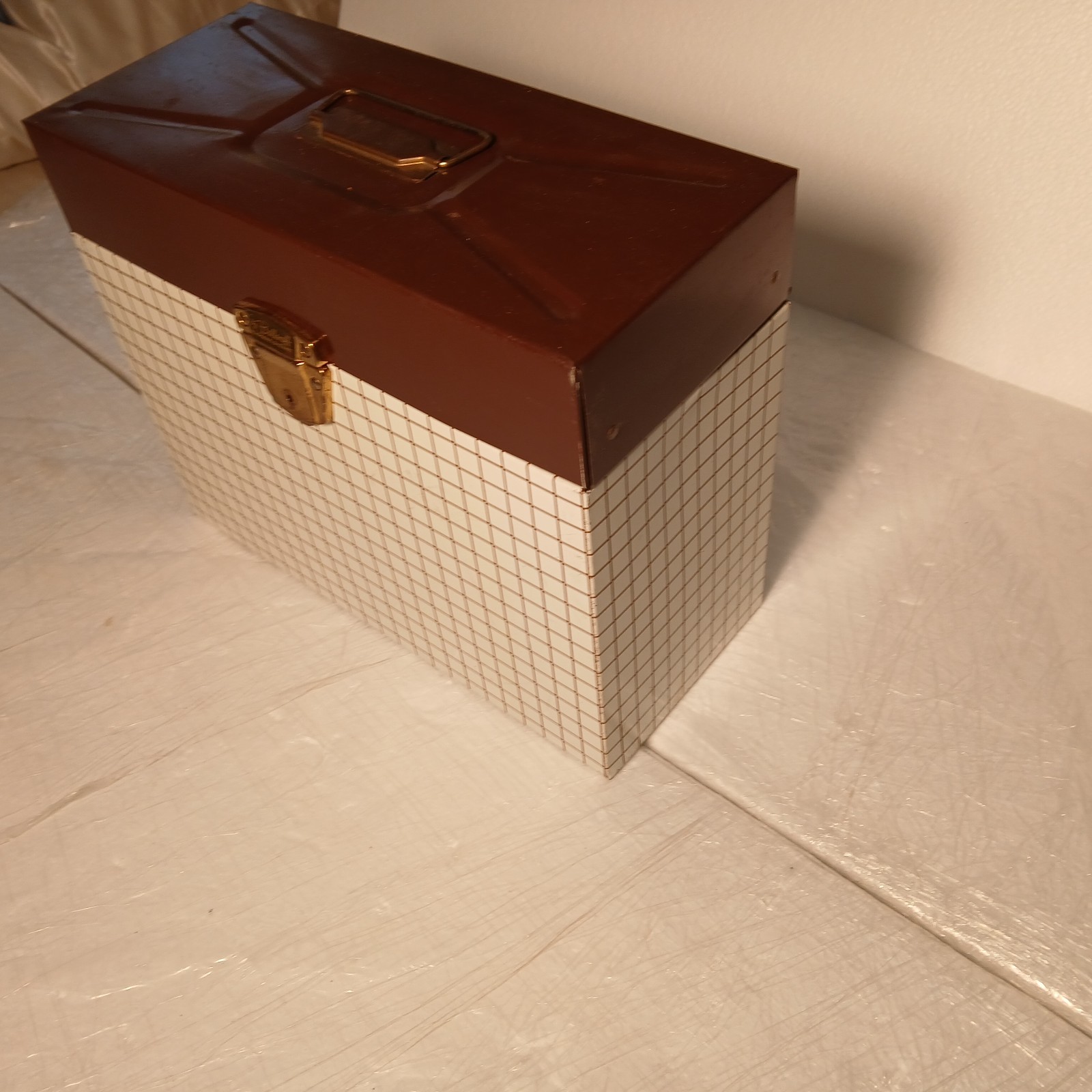 Vtg Ballonoff Porta File Metal Storage Record Box Brwn Grid Graph Pattern No Key