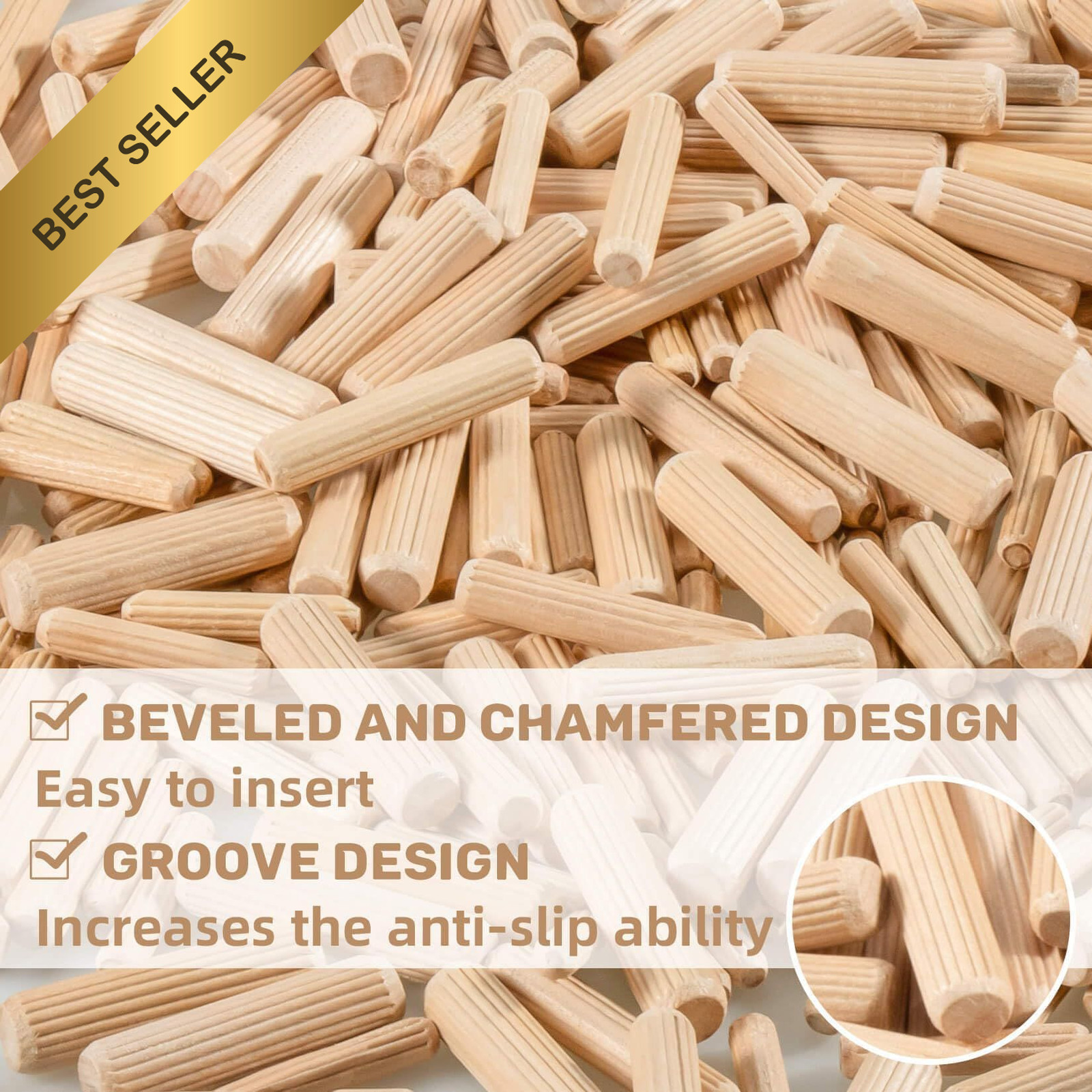 Sukh 200PCS Wooden Dowel Pins Fluted Rods Assorted 1/4 5/16 3/8 Inch Woodworking