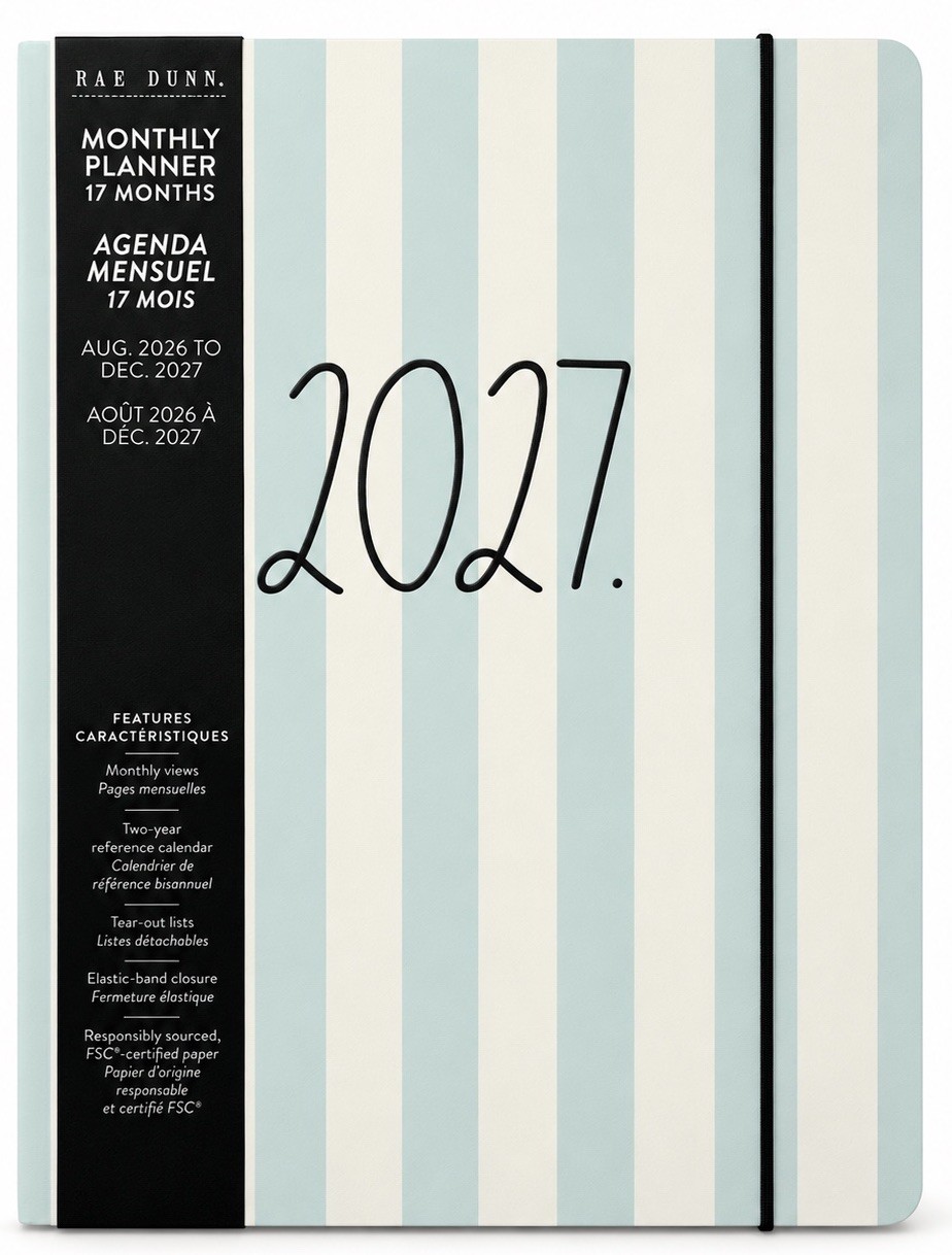 RAE DUNN 2026 2027 Monthly Calendar Planner STRIPED Blue 2027 Size 9.75 X 7.5″
