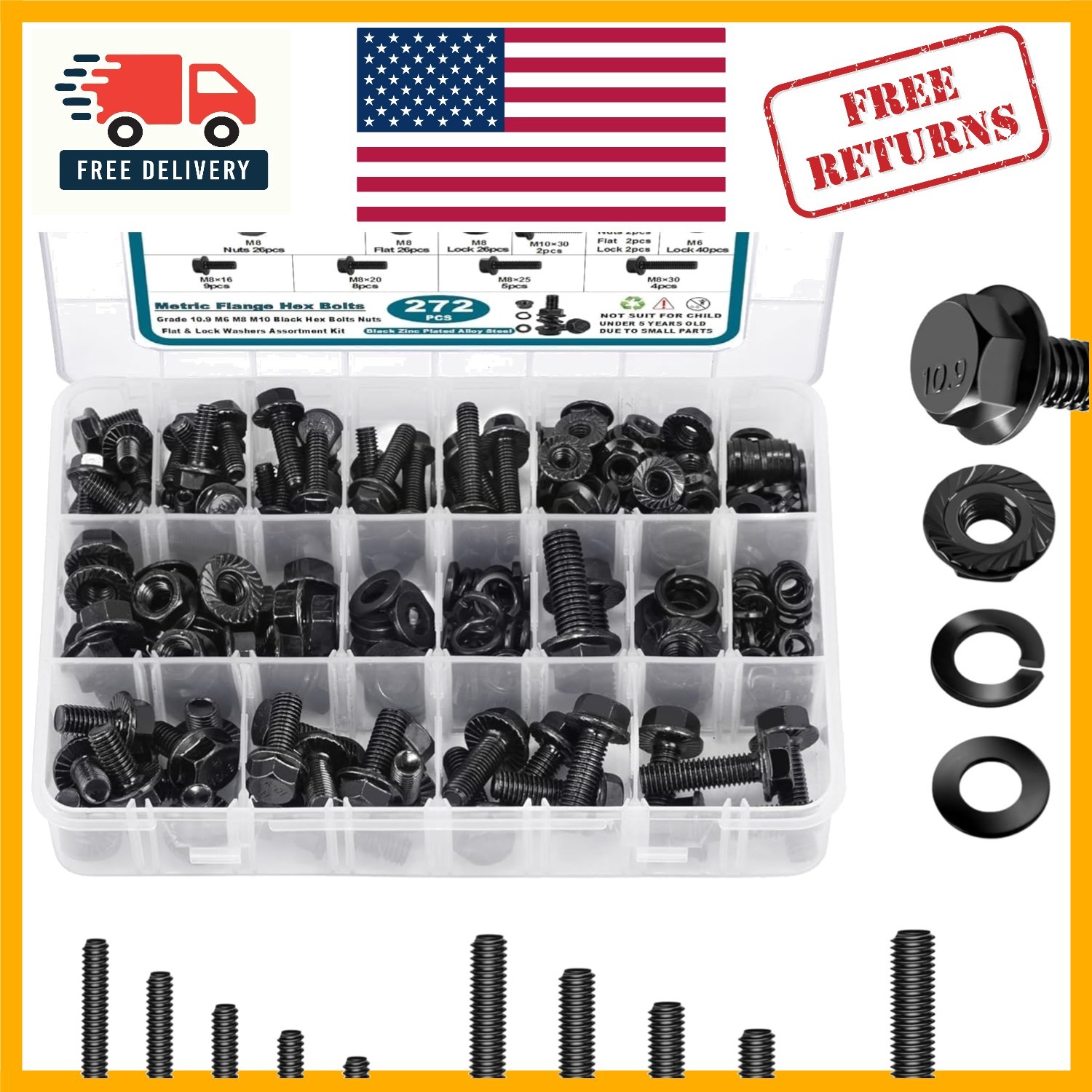 272-Pcs Grade 10.9 Flange Bolts & Nuts Assortment Kit for Automotive Projects