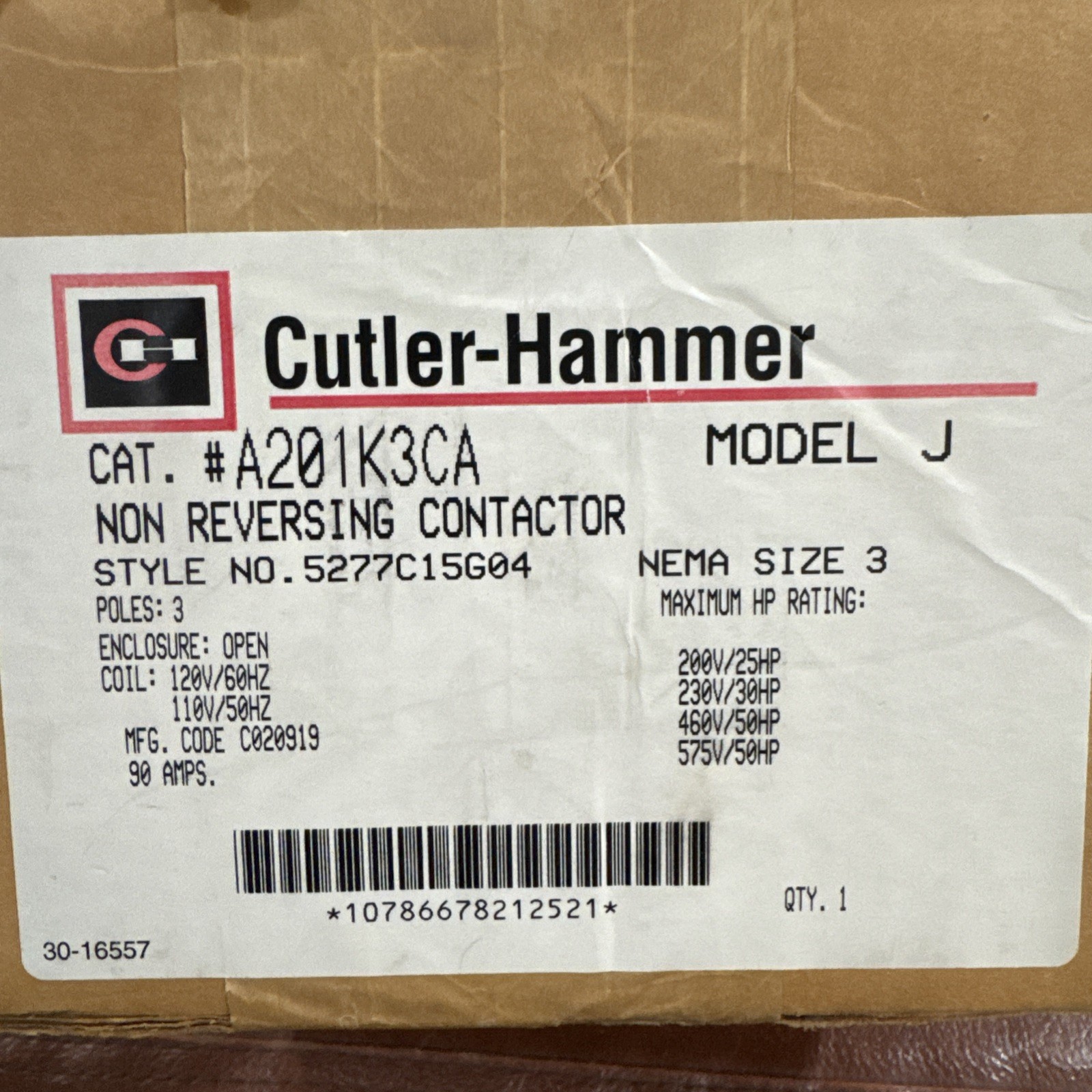 EATON CUTLER HAMMER A201K3CA 3 Pole A200 SZ 3 None Reversing Contactor 120V J