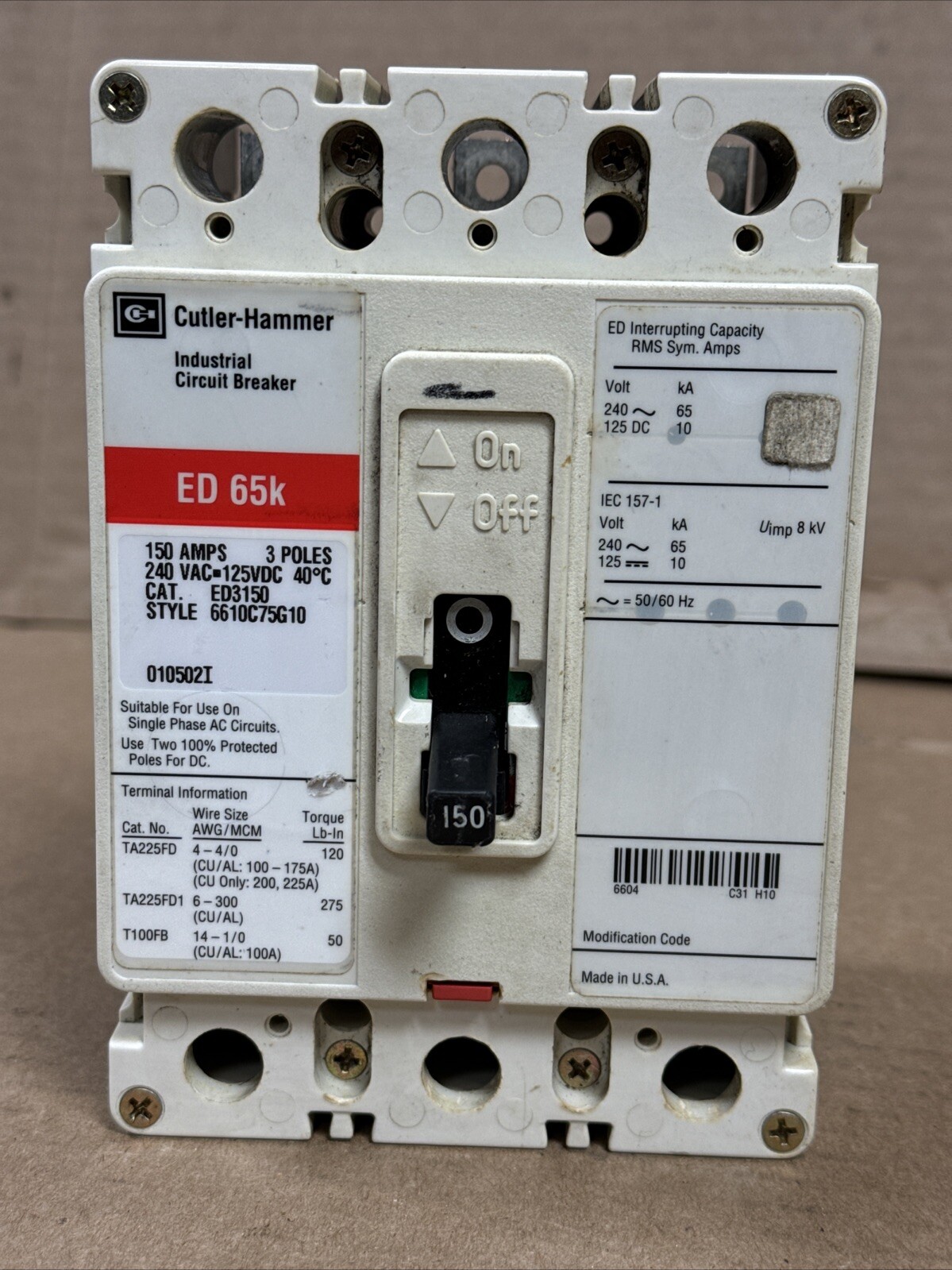 Cutler Hammer ED3150 150A Circuit Breaker 150 Amp 3 Pole 240V ED 65K FAST SHIP