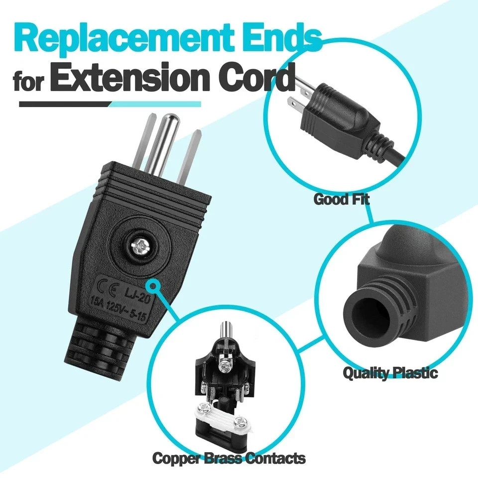 3PCS Electrical Replacement Plug 3 Prong Male Plug End Extension Cord Replacemen