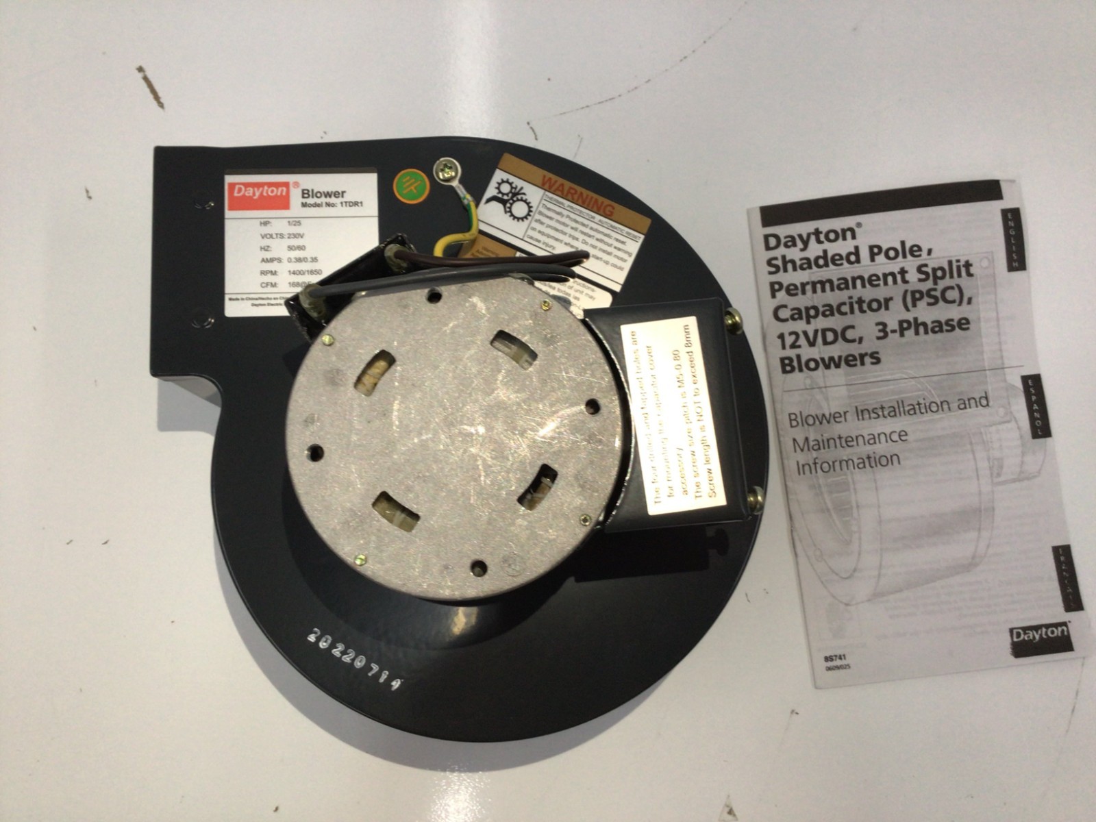 DAYTON 1TDR1 Blower with Motor 230V, 5-1/8″ Wheel, 1650 RPM, 168 CFM