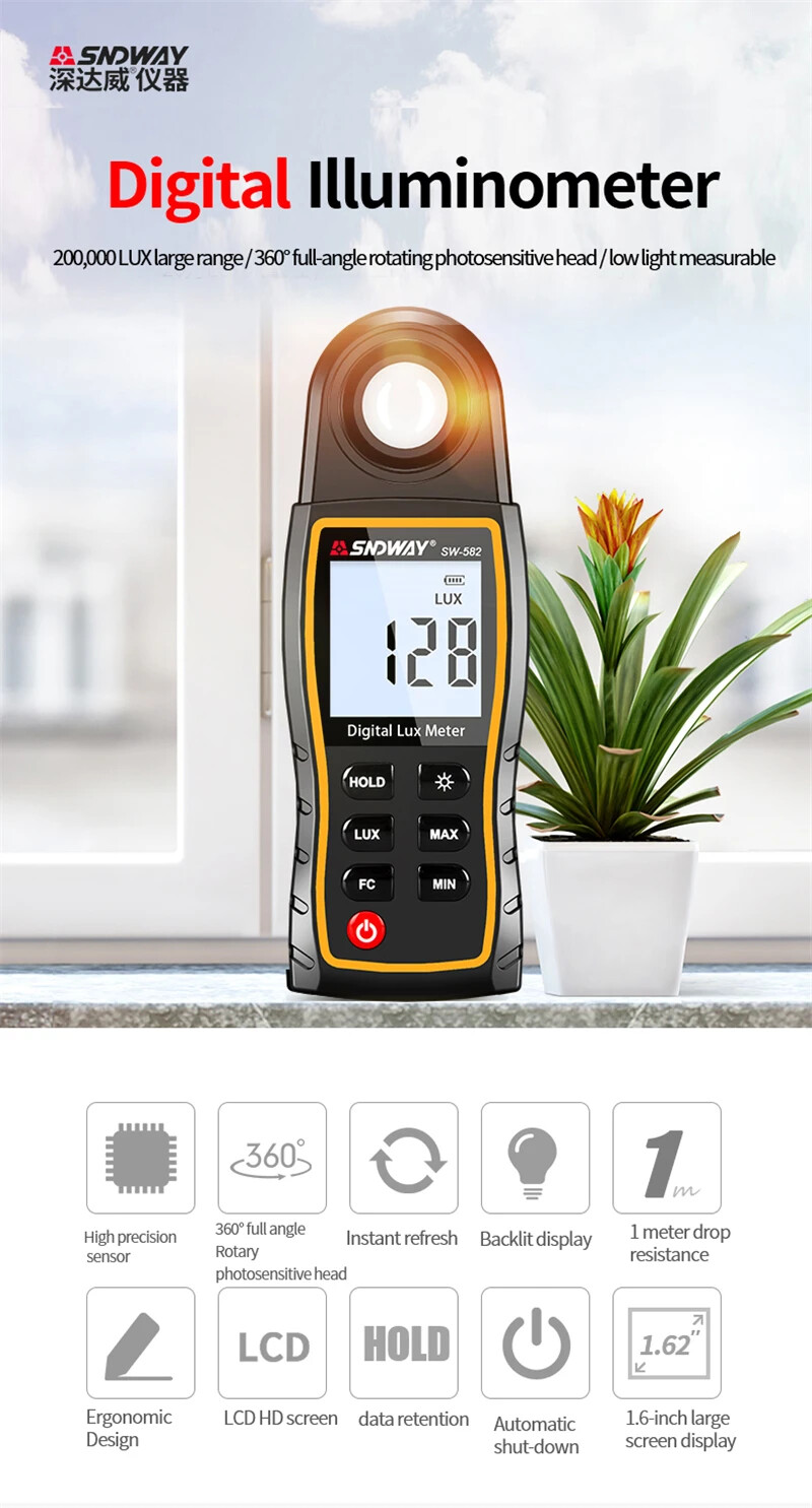 Light Lux Meter LCD photometer Illuminometer Luminometer 200,000Lux Temp light