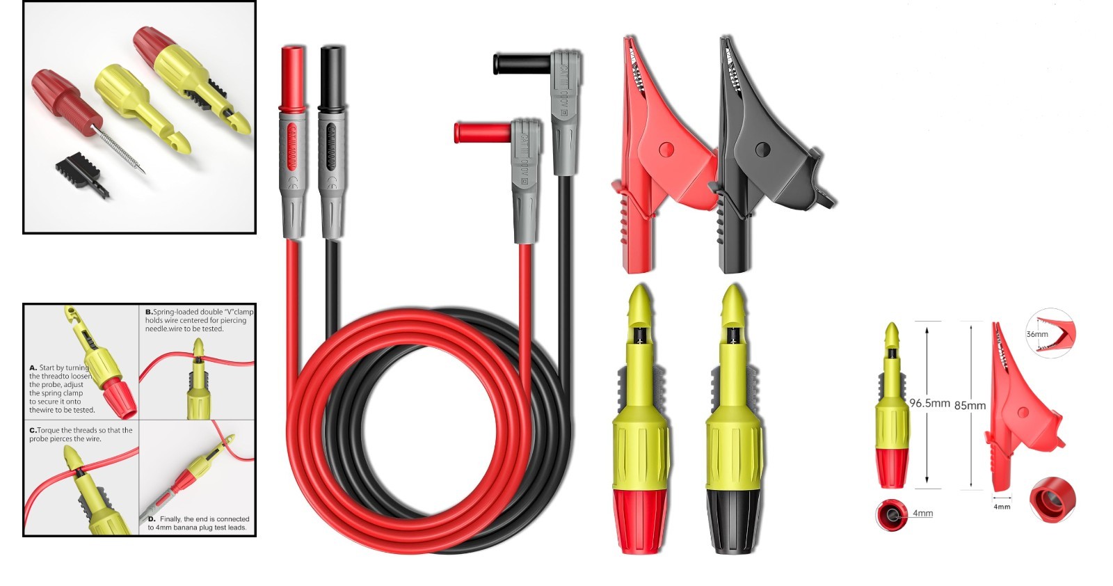 CAT III 1000V Multimeter Leads Set with Probing Clips & Alligator Grips