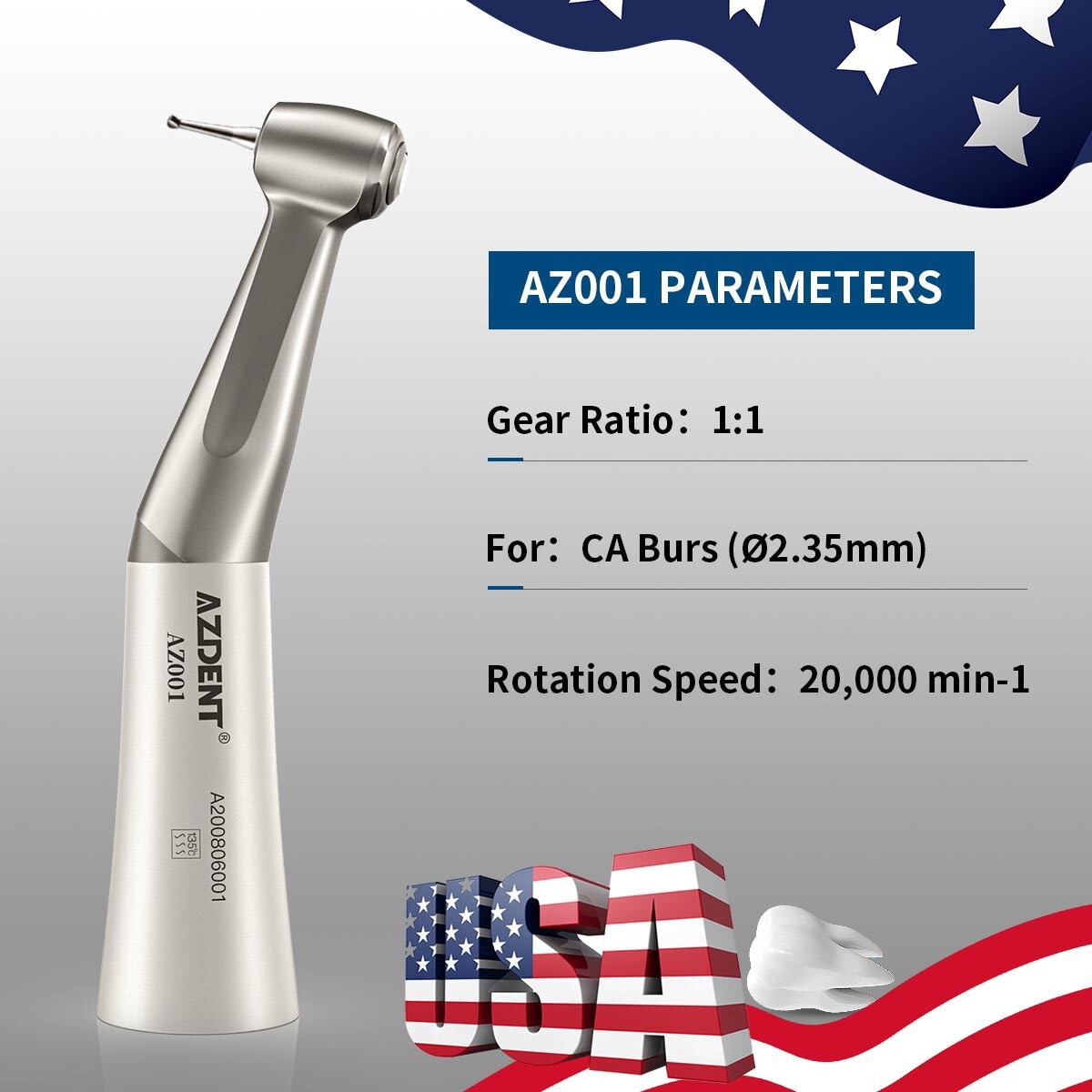 AZDENT Dental 1:1 Direct Drive Slow Speed Contra Angle Handpiece Push Button