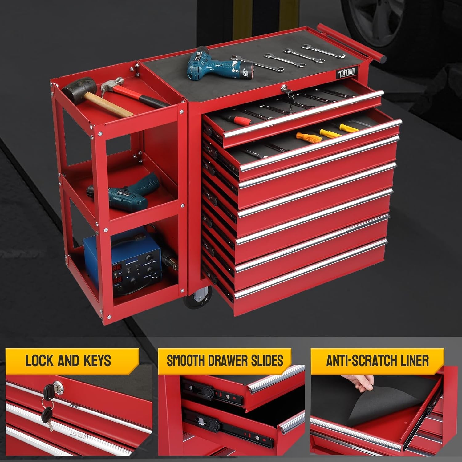 Rolling Tool Chest Tool Box with 7 Drawers & Wheels & Drawer Liners for Garage