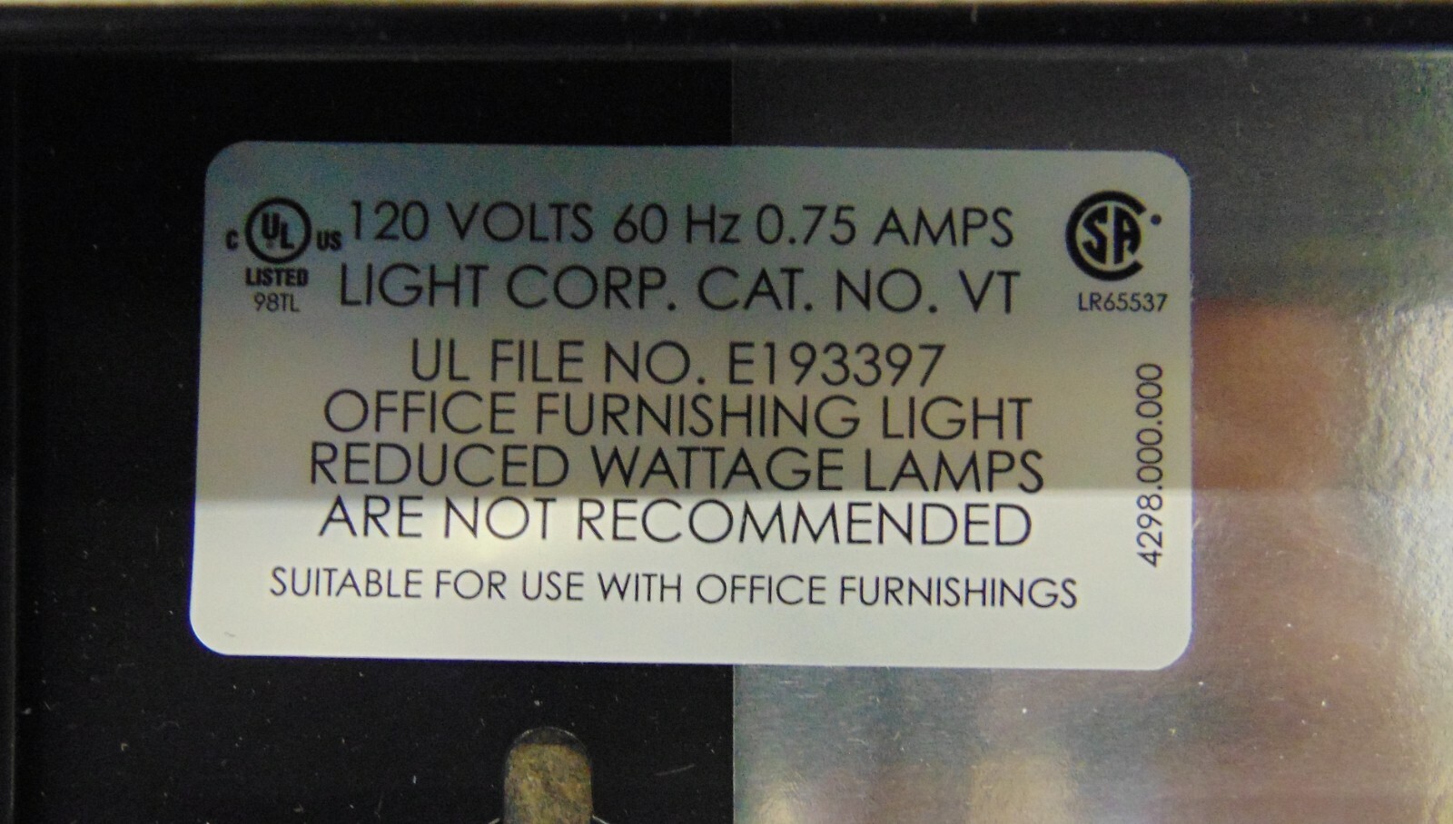 LIGHT CORP, OFFICE FURNISHING LIGHT W/O LENS, E193397, 120 VOLTS, 60HZ, .75 AMPS
