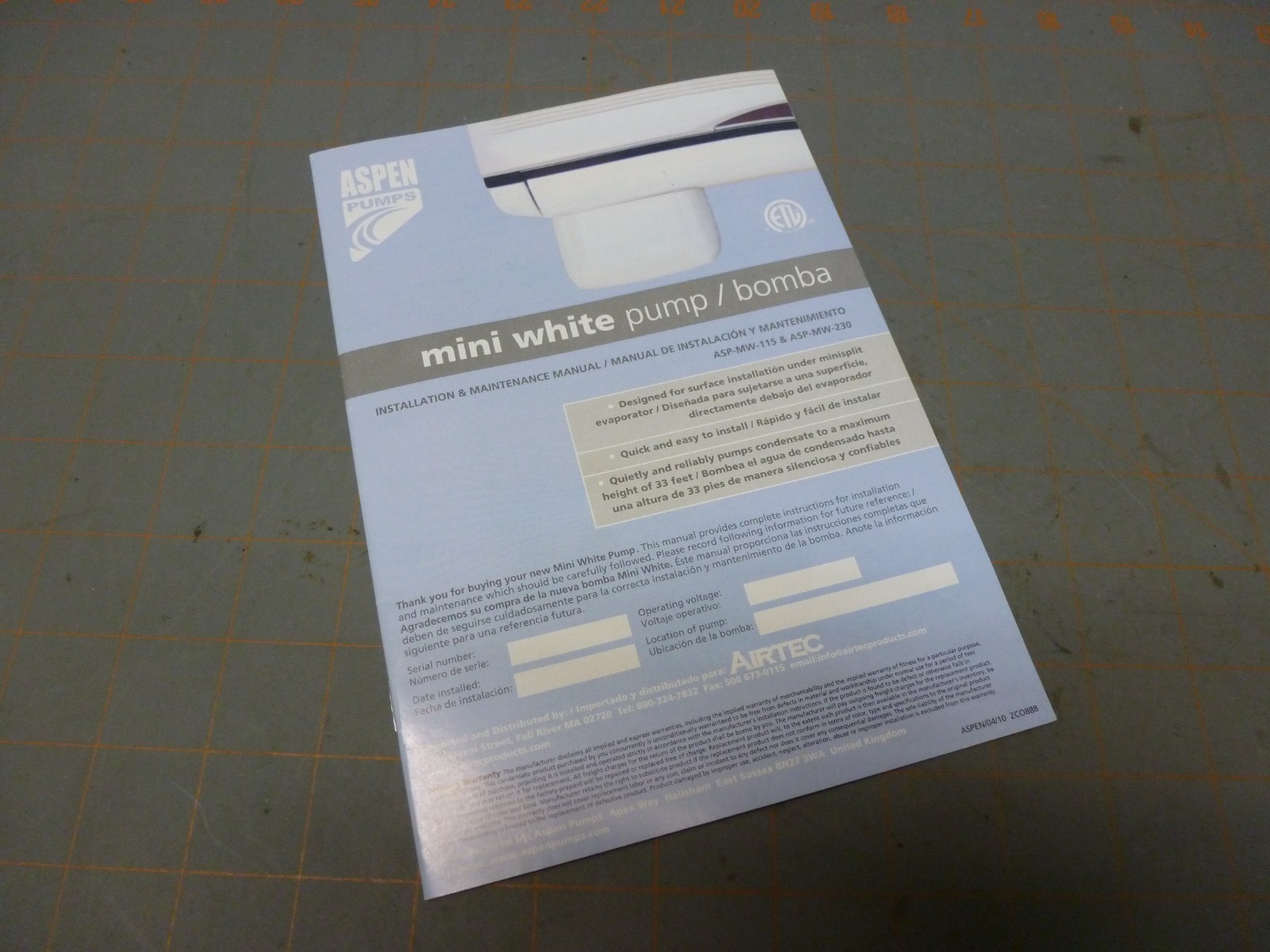 Used Installation & Maintenance Manual for Aspen Pumps Mini White ASP-MW-115/230