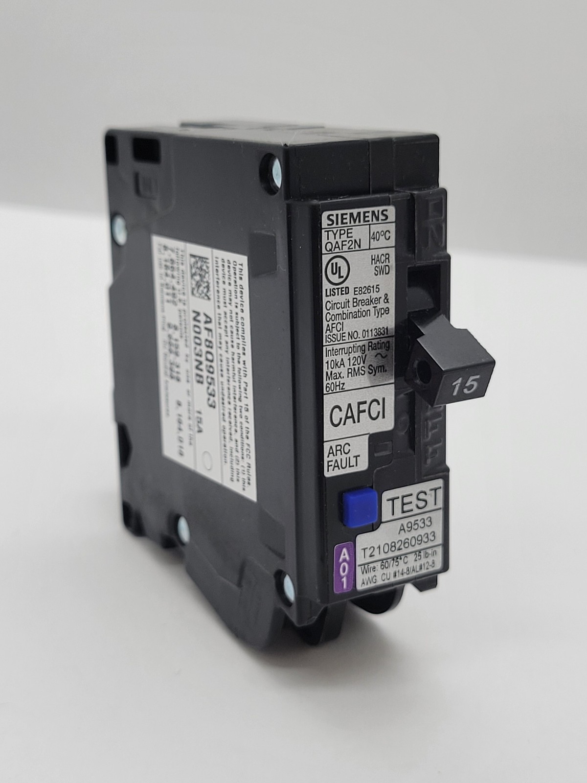 Siemens QA115AFCN Plug-In Circuit Breaker 15A 1P 120V 10KA AFCI CAFCI