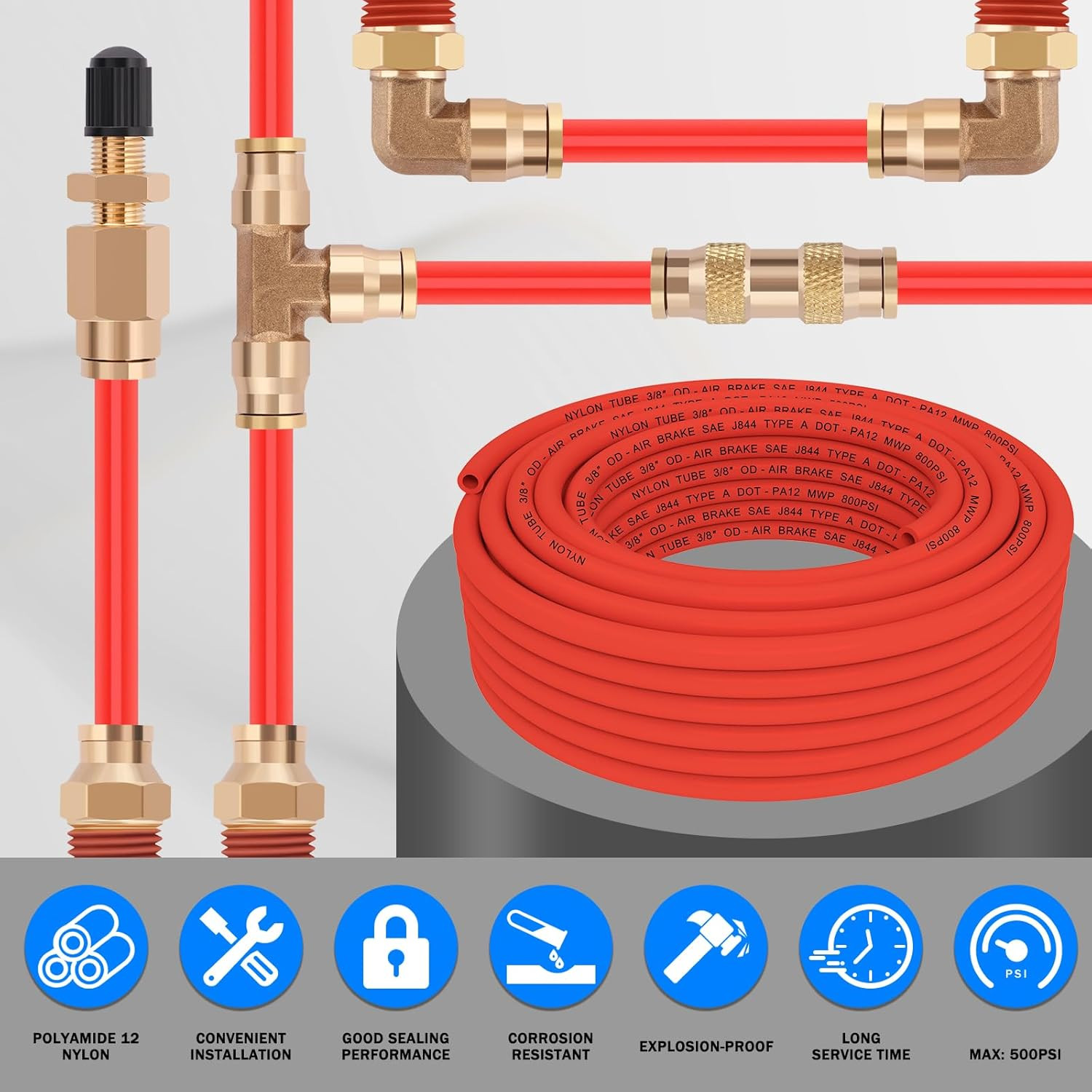 100 FT 3/8″ DOT Air Line Red 3/8 PA12 Nylon Pneumatic Tubing 30.5 Meter 3/8 Inch