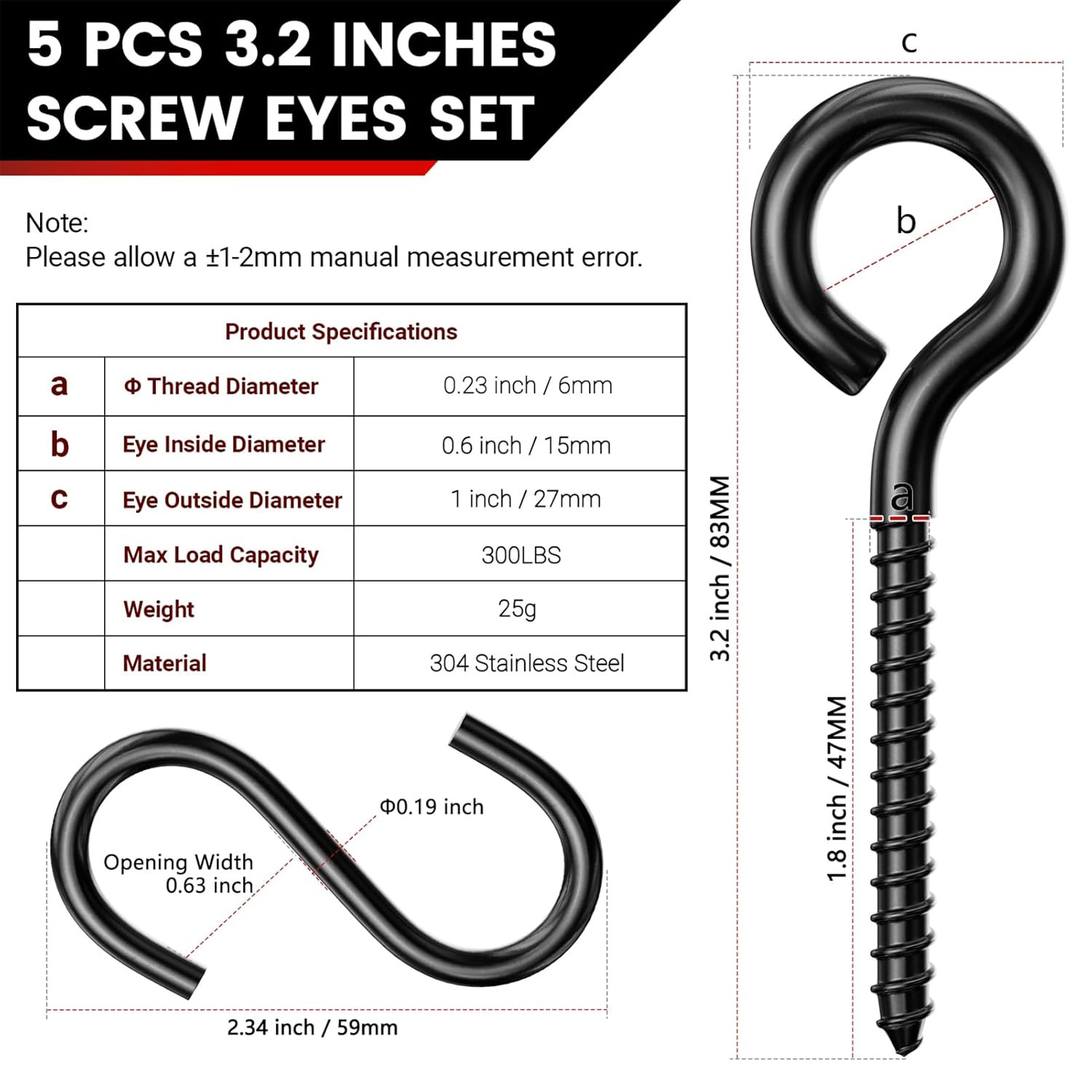 300LBS Heavy Duty 3.2 Inch 304 Stainless Steel Screw Eye Hooks with 5 S-Hooks, S