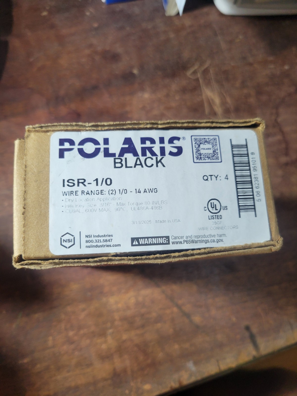 Box Of 4 NSI POLARIS ISR-1/0, 1/0 – 14 AWG , HEX SIZE 3/16″ 600 V