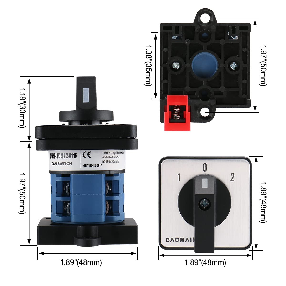 3-Position Rotary Universal Changeover Switch DIN Rail Mounted 35mm 660V 20A