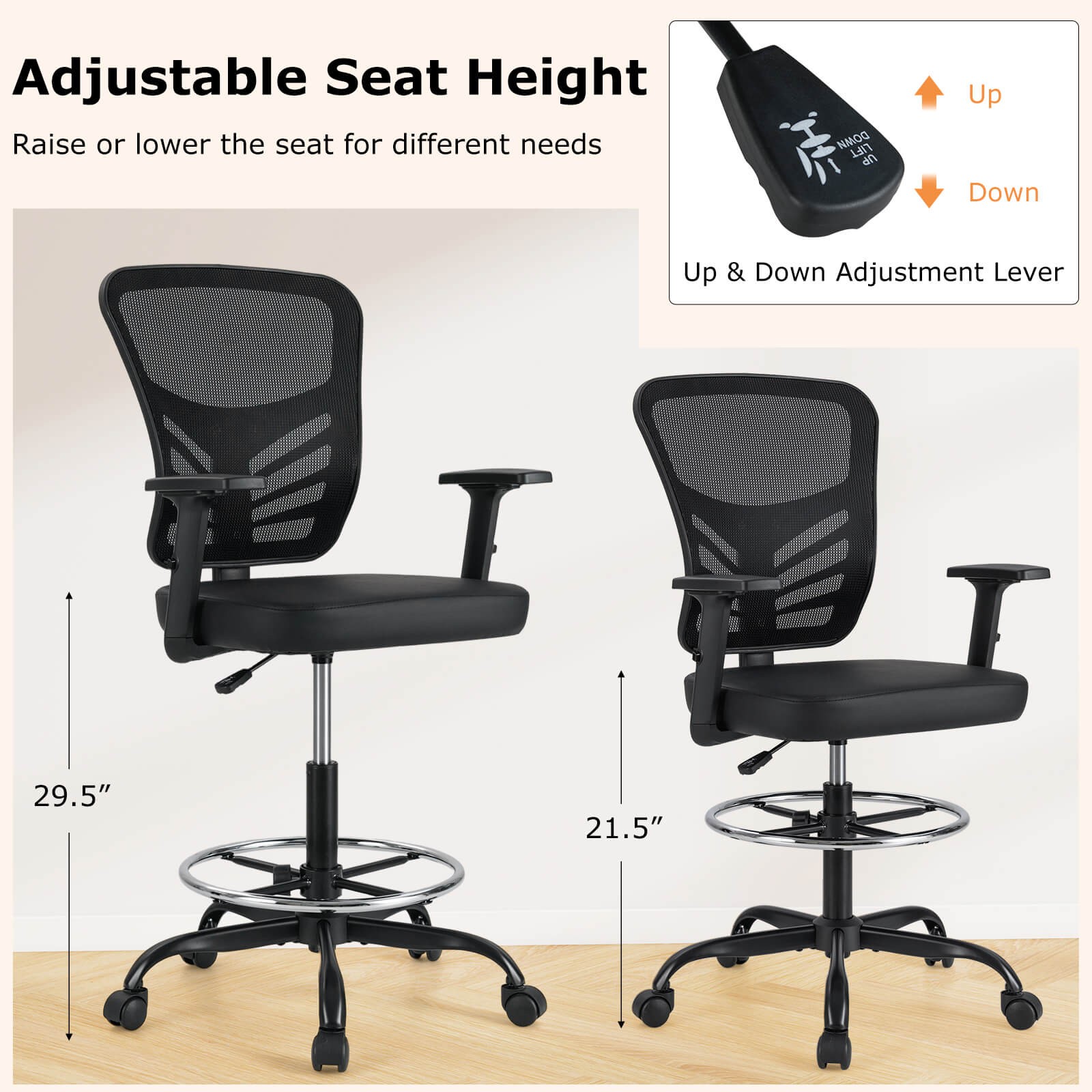 Costway Mesh Drafting Chair Office Chair w/Adjustable Armrests & Foot-Ring Black
