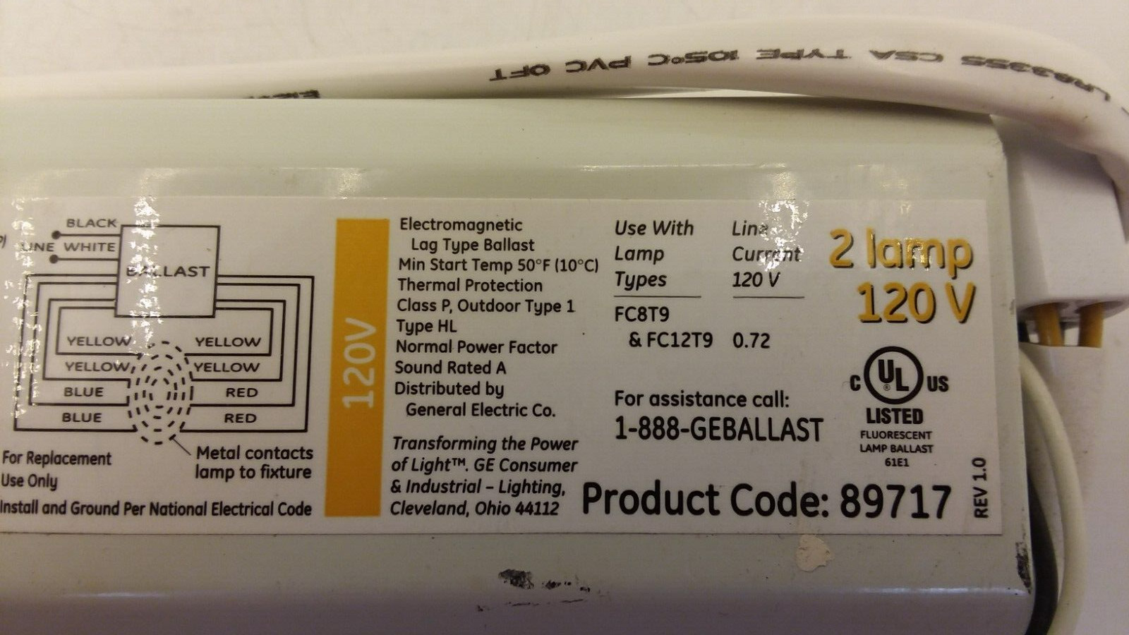 GENERAL ELECTRIC GEM1FC12T9RS120 MAGNETIC BALLAST RAPID START 120VOLTS 60HZ NNB