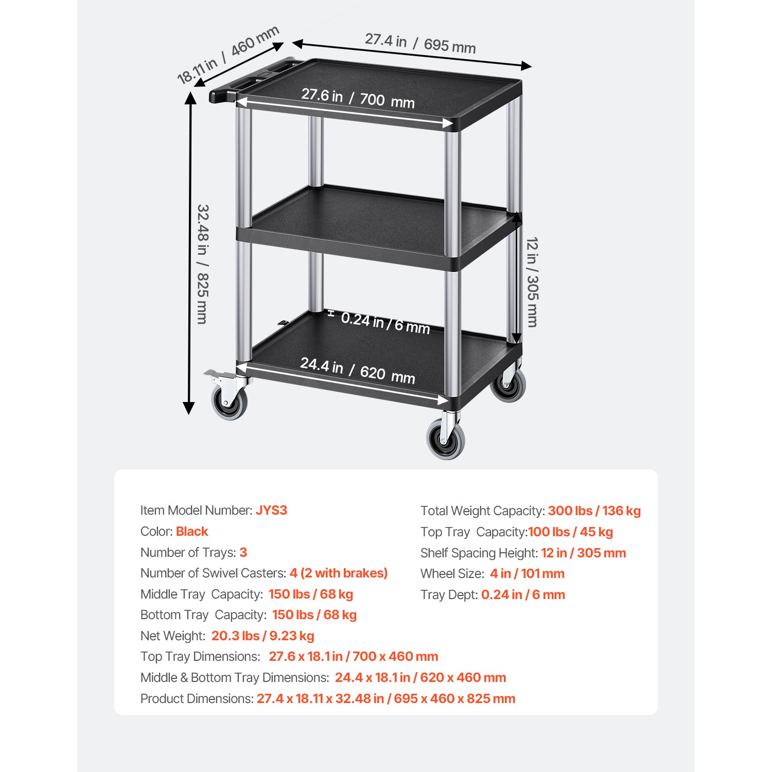 Uimoso 3-Tier Rolling Utility Cart, 300 lbs Capacity,27.6 x 18.1 in Service Cart