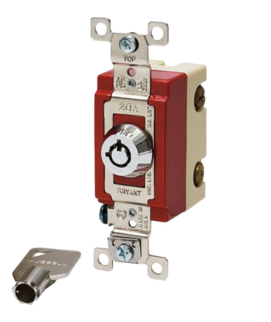 Bryant 4902RKL Barrel Key Locking Switch 20A 120/277V 2‑Pole Back/Side Wired Ind