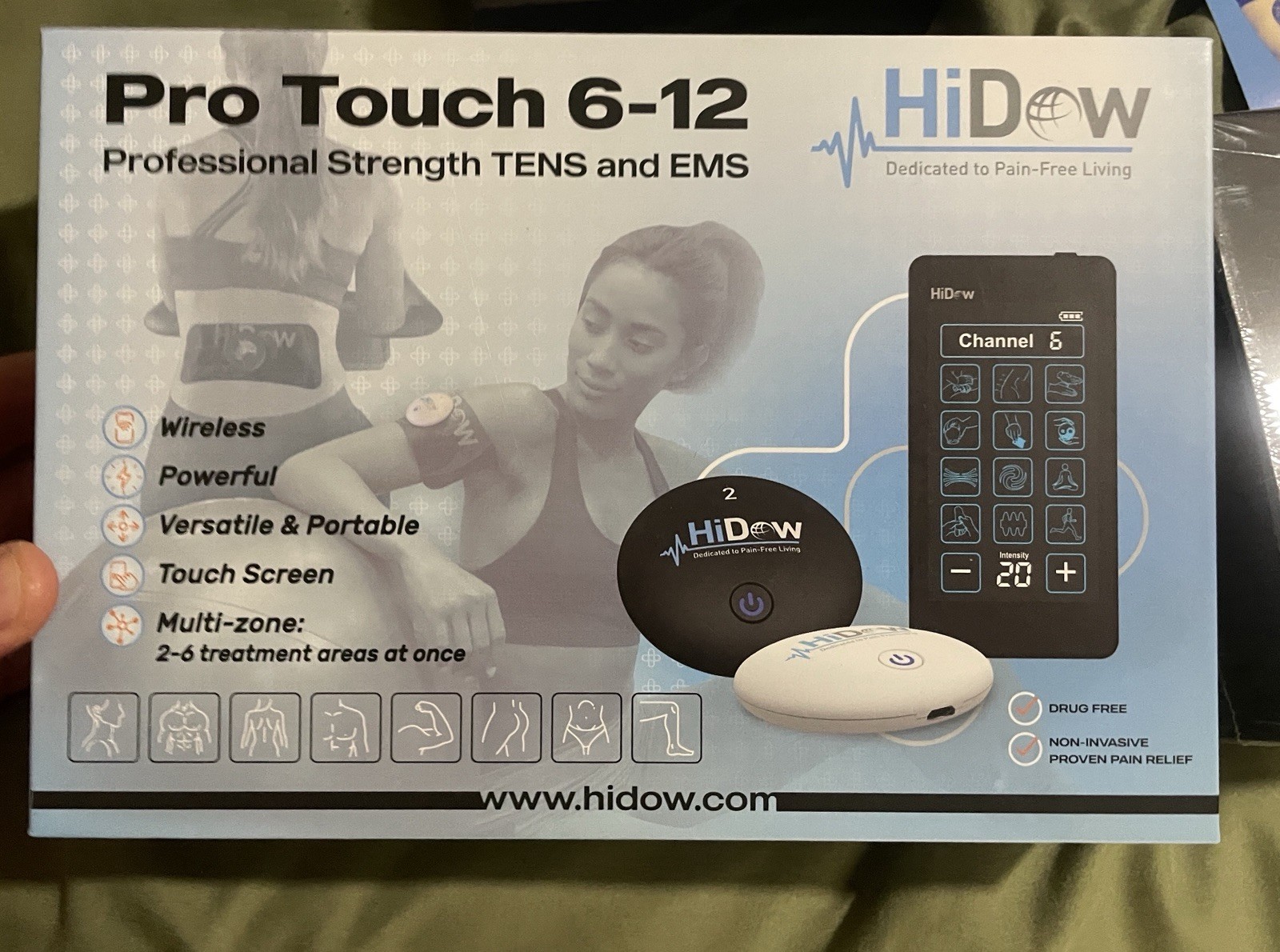 HiDow Pro Touch 6-12 Wireless TENS/EMS Unit Touchscreen with accessories