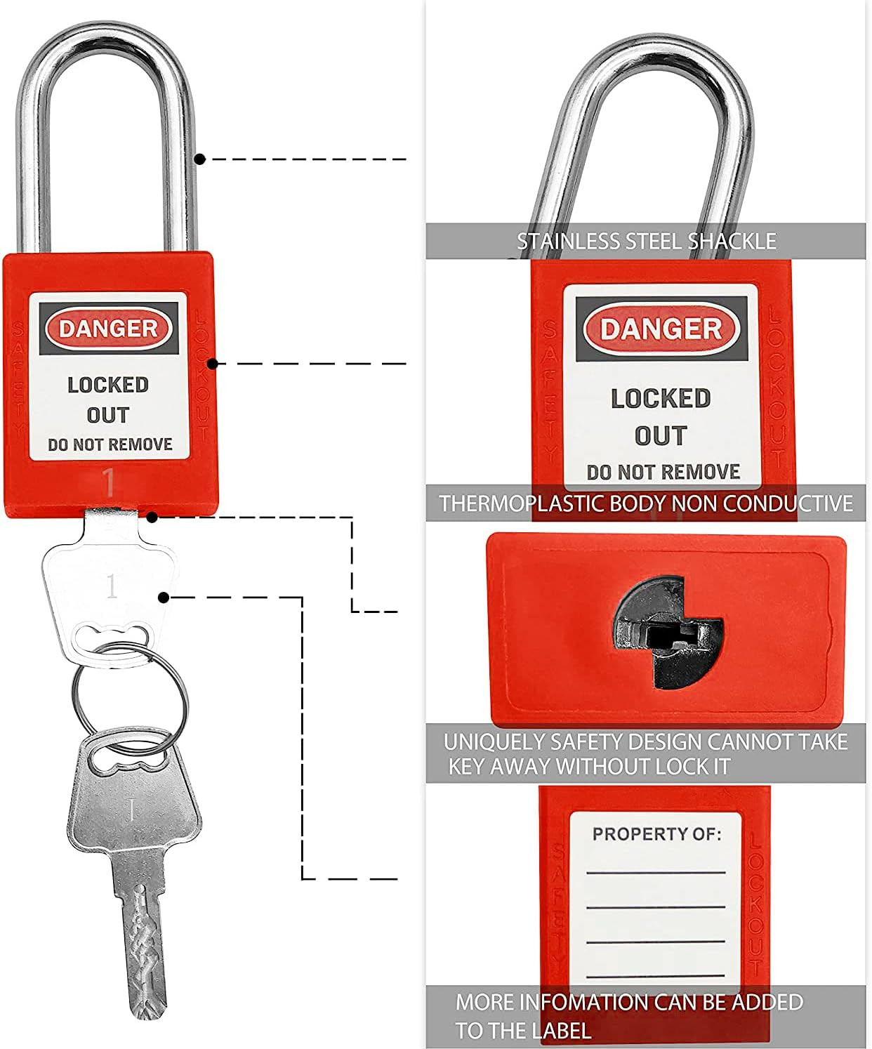 Lockout Tagout Locks, Safety Padlock, Keyed Differently Loto Safety Padlocks for