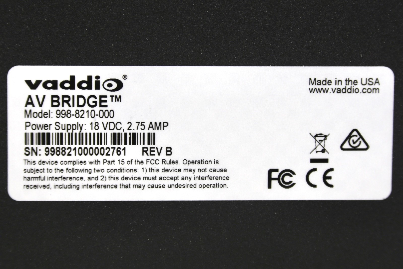Vaddio AV Bridge 998-8210-000 – no power supply