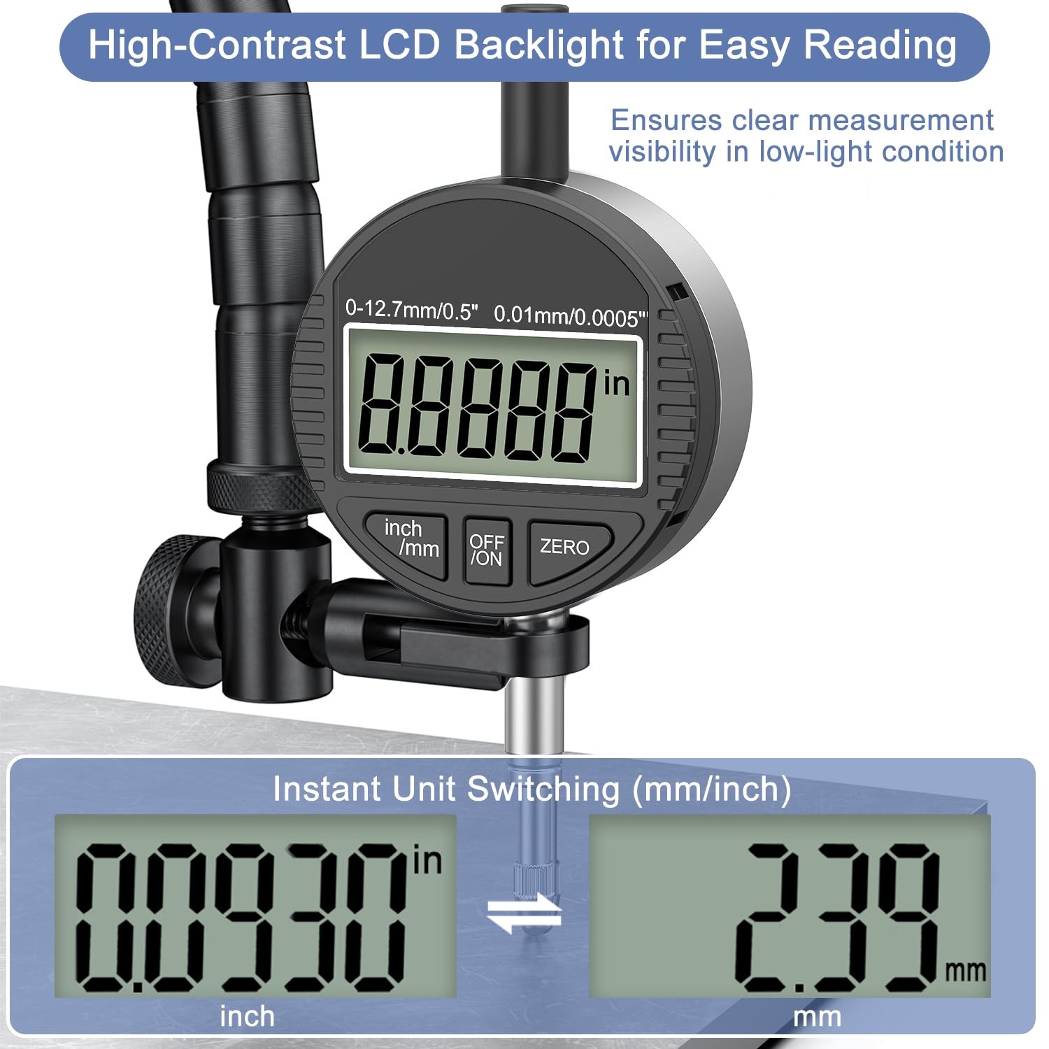 HDLNKAK Electronic Digital Dial Indicator Gauge 0-12.7mm/0.5” Inch/Metric Con…