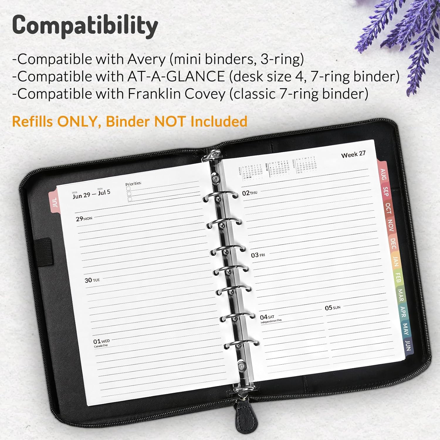 2026 Weekly & Monthly Planner Refills for A5 7-Ring Binders, July