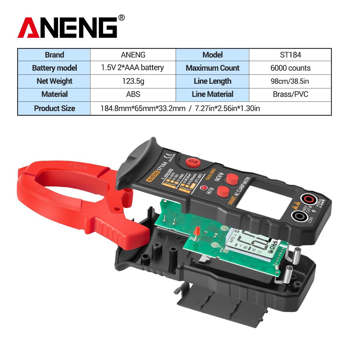 ANENG ST184 Clamp Meter True RMS 600A AC Auto Range NCV Temp Tester 6000 Counts