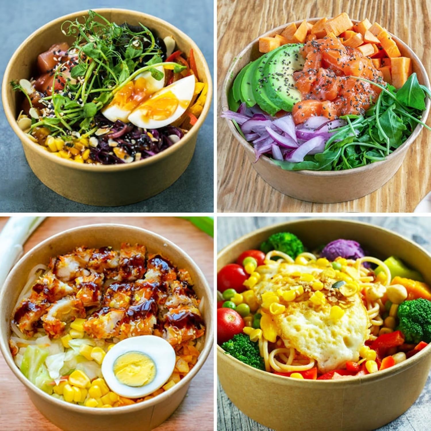 Kraft Paper Bowls with Lid 17 oz 50 Pack | Disposable Water/Oil Proof For Hot