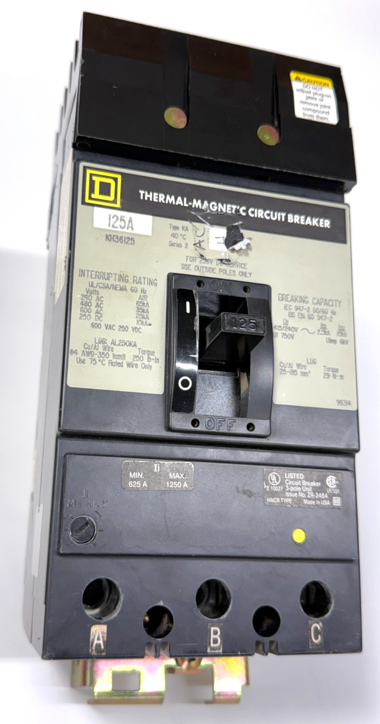 Square D KH36125 125Amp 3Pole 600V 25kA I-Line Circuit Breaker High Interrupting