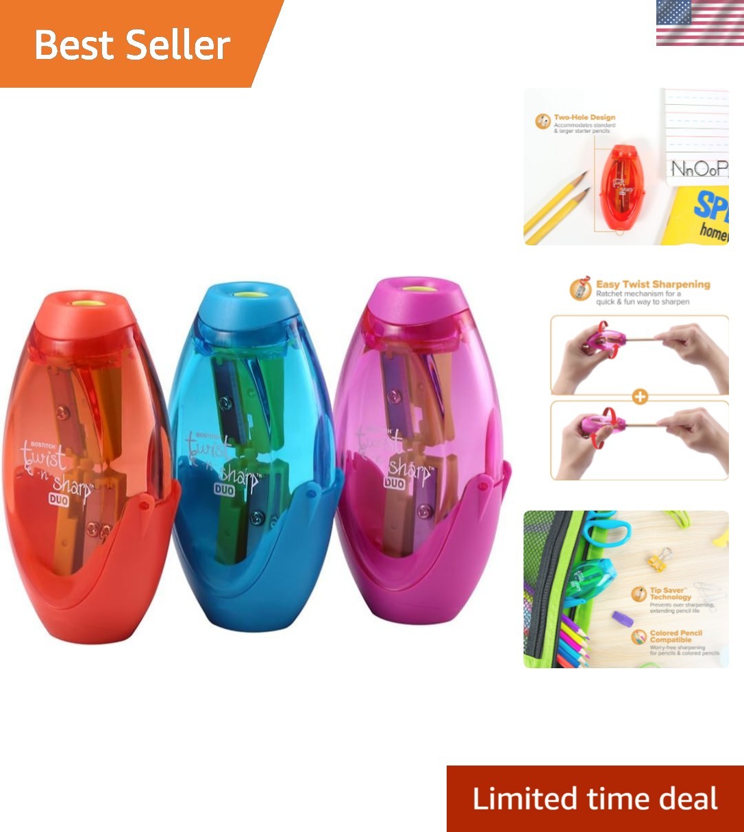 Ergonomic 2-Hole Manual Pencil Sharpener with Ratchet Technology for Classroom