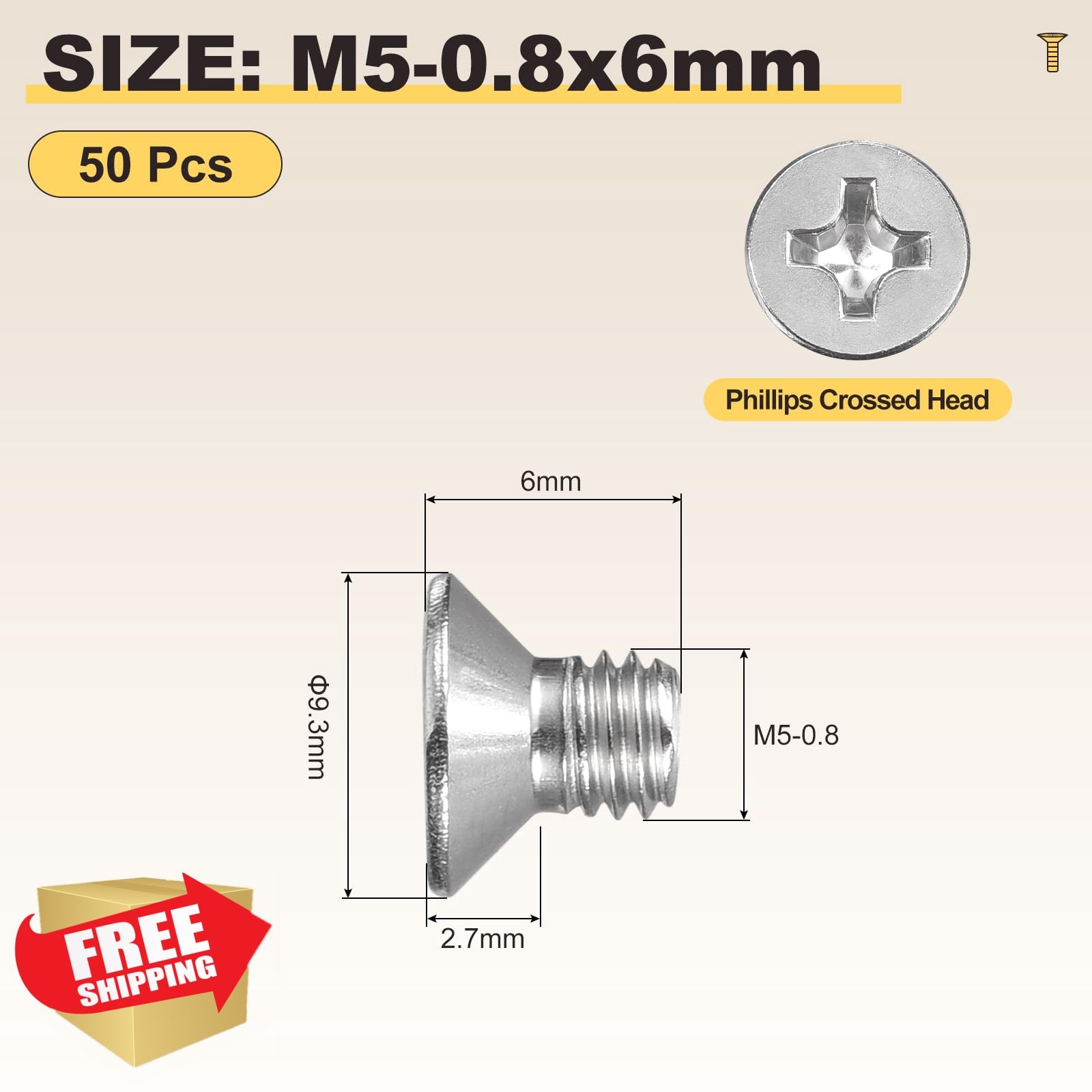 METALLIXITY M5-0.8×6 SS304 Flat Head Screws – 50 Pcs Silver
