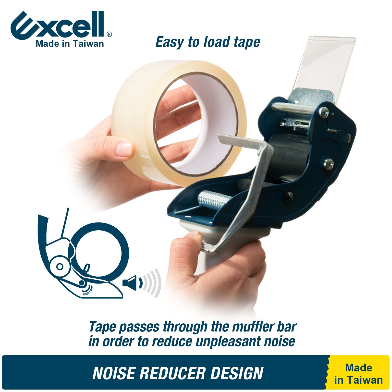 Excell Low Noise Tape Gun 2″ Tape 3″ Core, Quiet Tool for Carton & Box Sealing