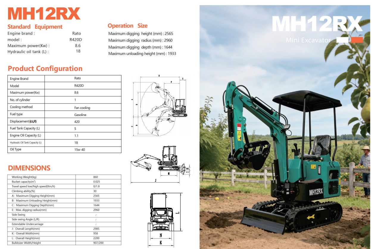 Agrotk Mini Excavator 13.5hp Gas Engine 860KG Digger Track Crawler Pilot Control