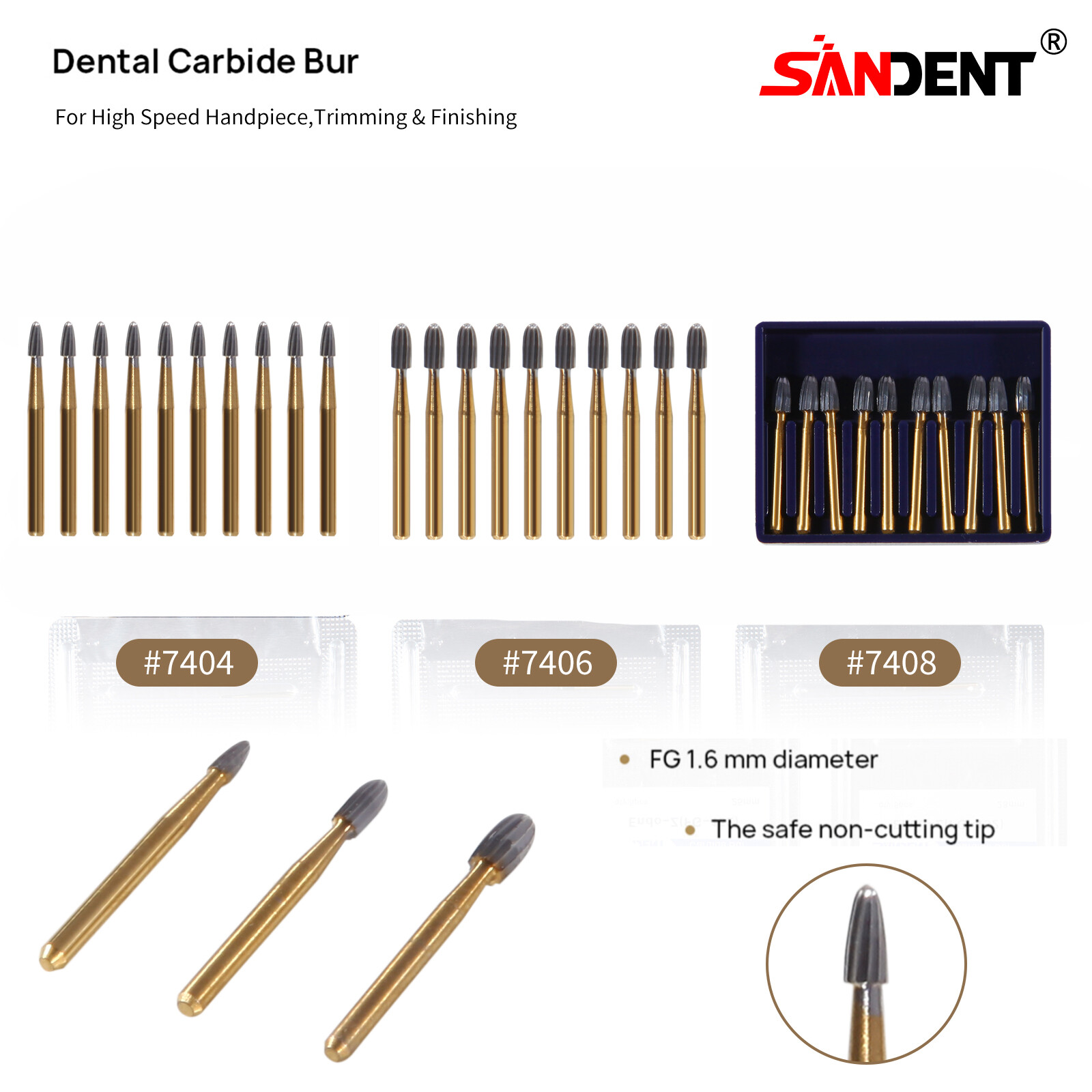 SANDENT 10pcs/pk Dental Trimming&Finishing Gold Carbide Burs 7404/7406/7408 ns