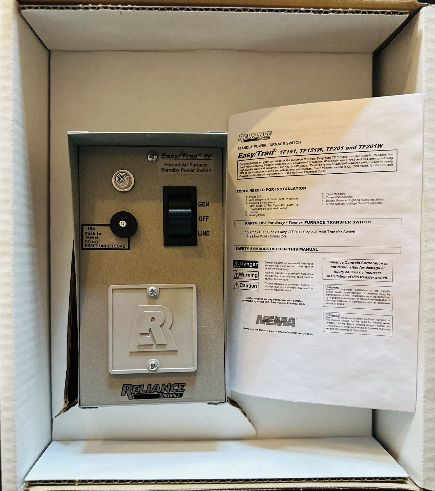 Reliance Controls TF201W Easy/Tran Transfer Switch 2500 Watts Portable Generator