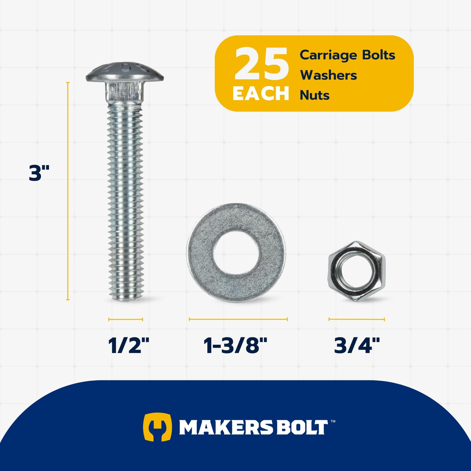 1/2″ x 3″ (25 Pack) Carriage Bolt Kit, 307A by