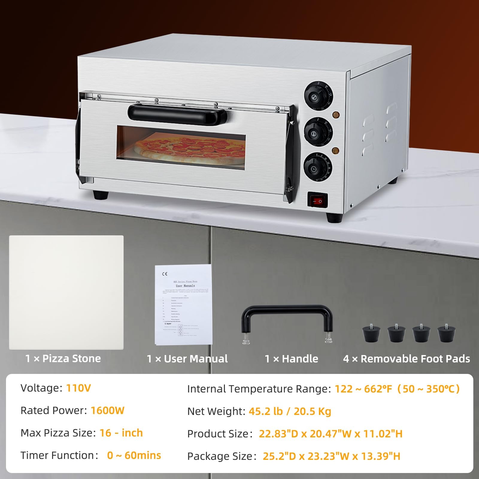 Electric Pizza Countertop, 16 in Commercial Pizza Oven with Adjustable Oven