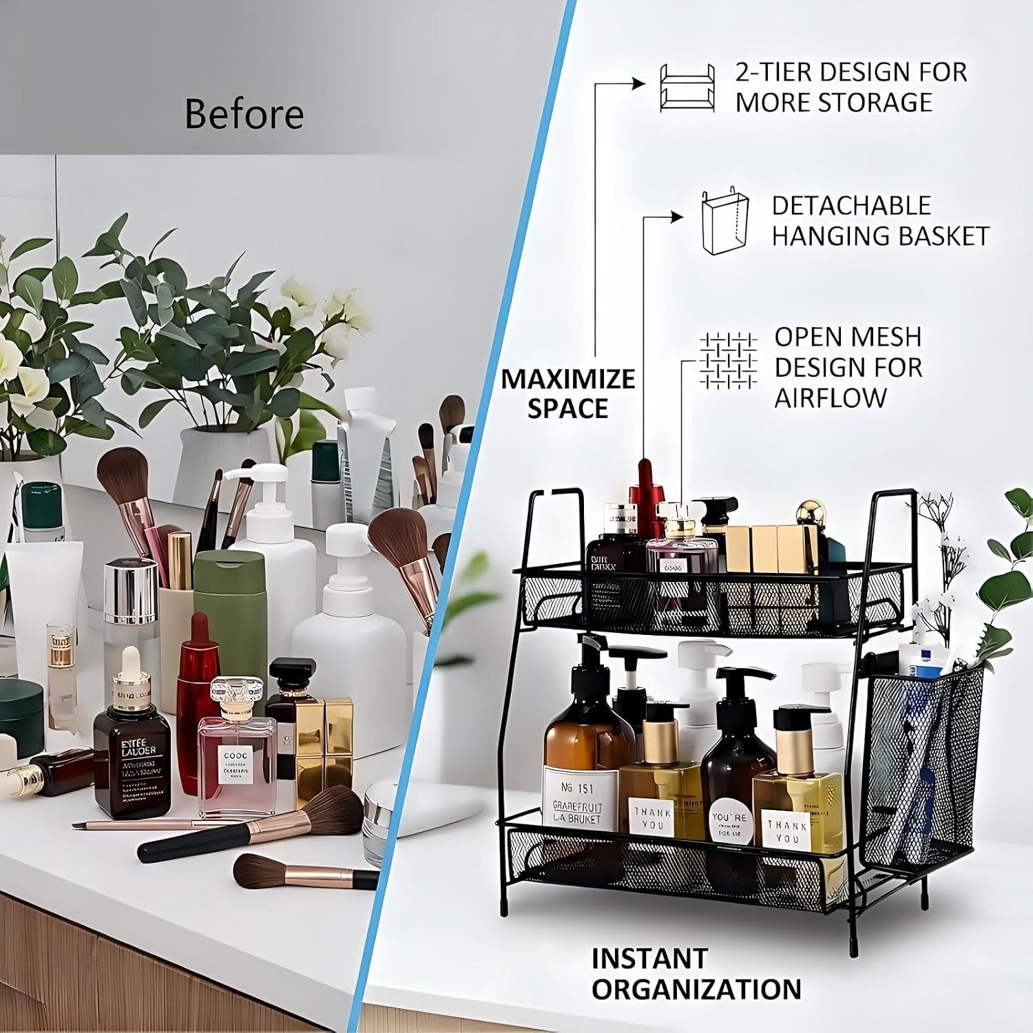 Two-tier countertop organizer with small storage basket